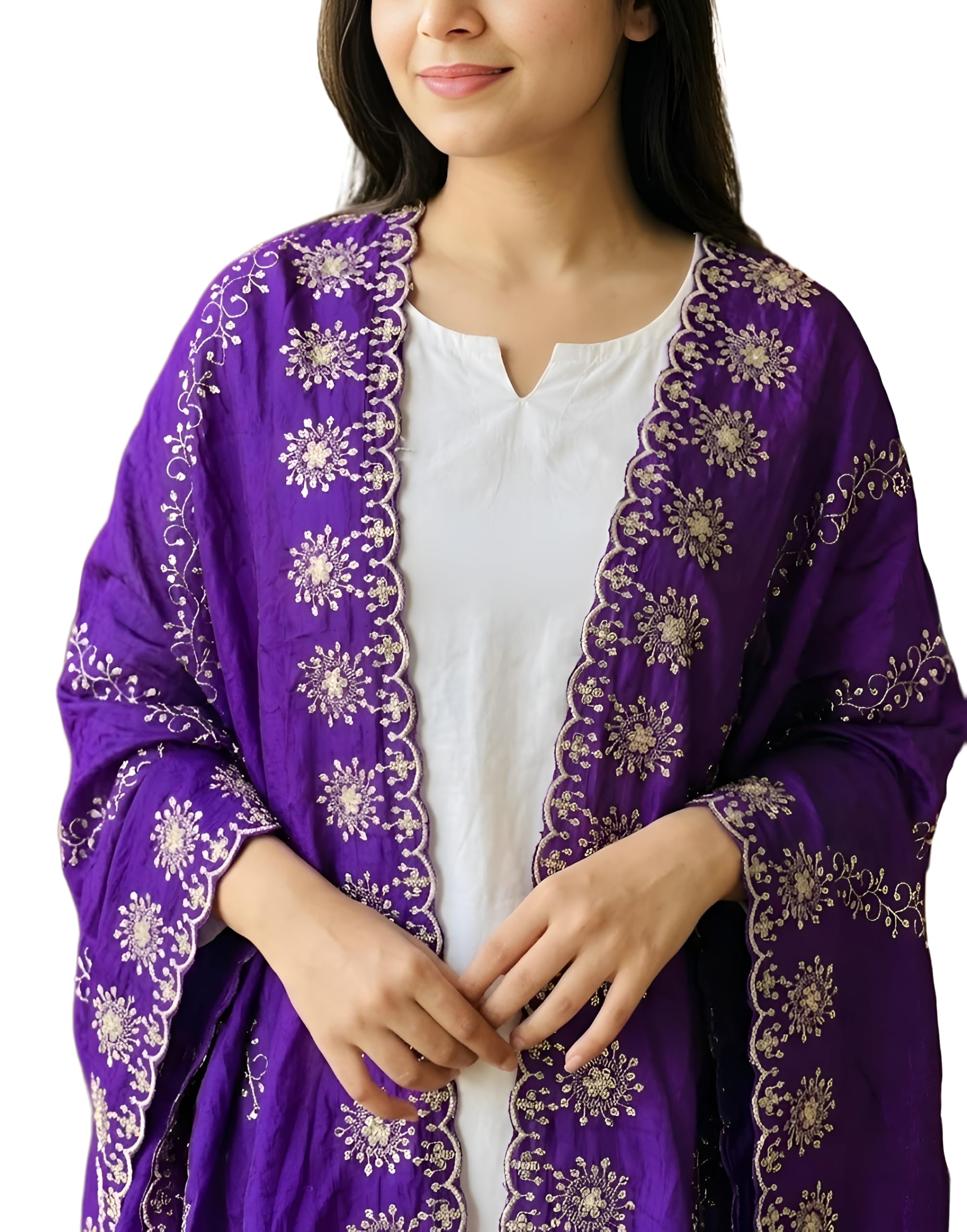 drape essence Women's Golden Zari Work Allover Embroidered Cutwork Chanderi Silk Dupatta | Full 2.4mtr Long | Dupatta with Tassels | Festivewear For Women.-picture-16