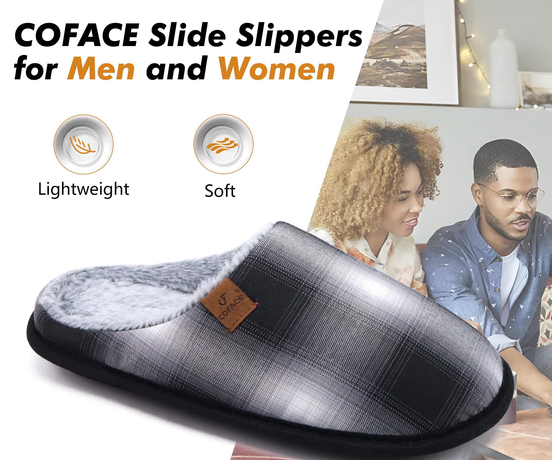 Pantofole da Uomo Invernali Plaid, Comoda Memory Foam Calde Scarpe da Casa in Lana con Suola Antiscivolo 40-47