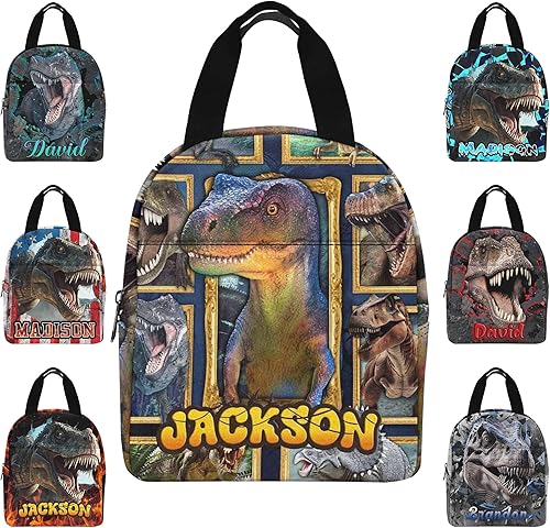 Lonchera con nombre personalizado para niños, con diseño de dinosaurio, reutilizable, aislada, a prueba de fugas, bolsa térmica a prueba de fugas,