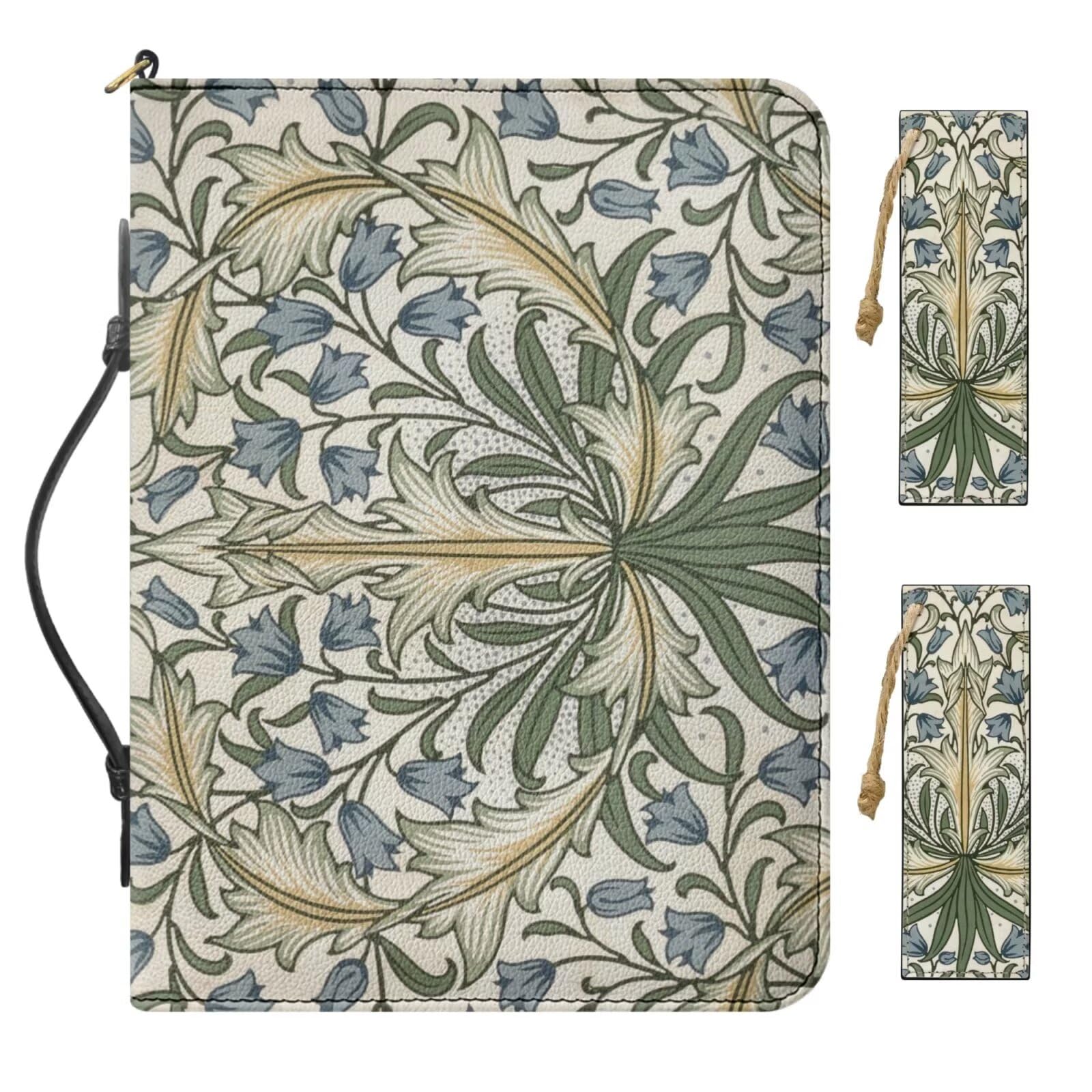 Buxolandt Extra Large Bible Carrying Case for Women, Comes with 2 Bookmarks Built-in Pocket Pen Slots, Green Bible Holder with Handle, Work of William Morris Printed Cover Case for Women Leather