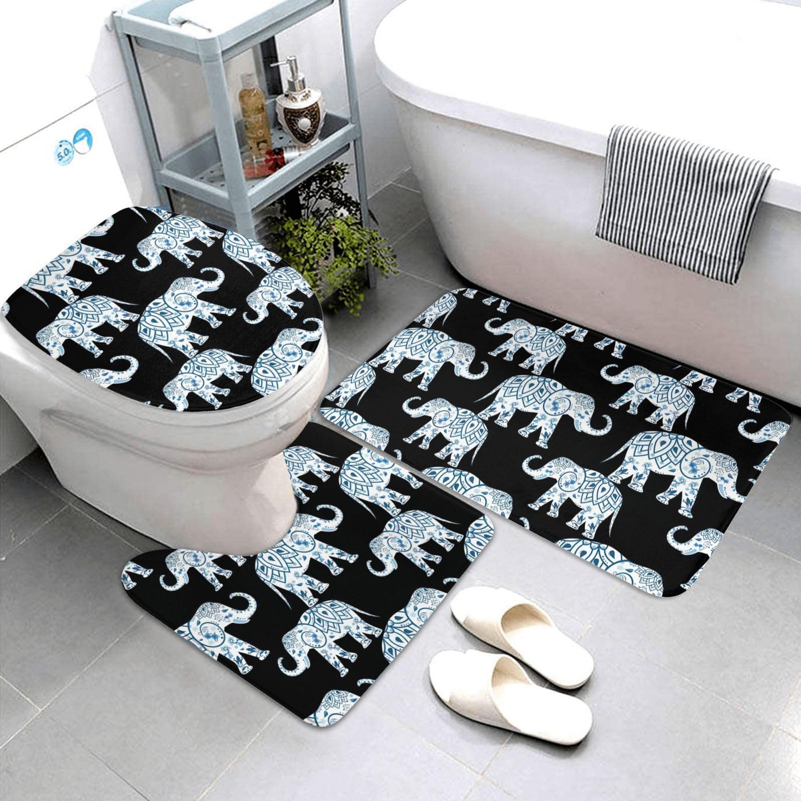 BREAUX Tapis de sol antidérapant imprimé éléphant bleu noir tapis de sol salle de bain tapis de douche antidérapant 3 pièces