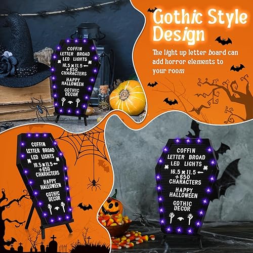 Miniatura 5 de Sintuff Tablero de letras de ataúd con soporte, luces LED integradas, 620 caracteres, estilo de Halloween, decoración de tablero de letras gótico