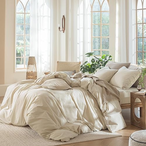 Miniatura 3 de MooMee Juego de funda de edredón 100% algodón lavado con textura parecida al lino, transpirable, duradero, suave, cómodo (rosa pálido, King)