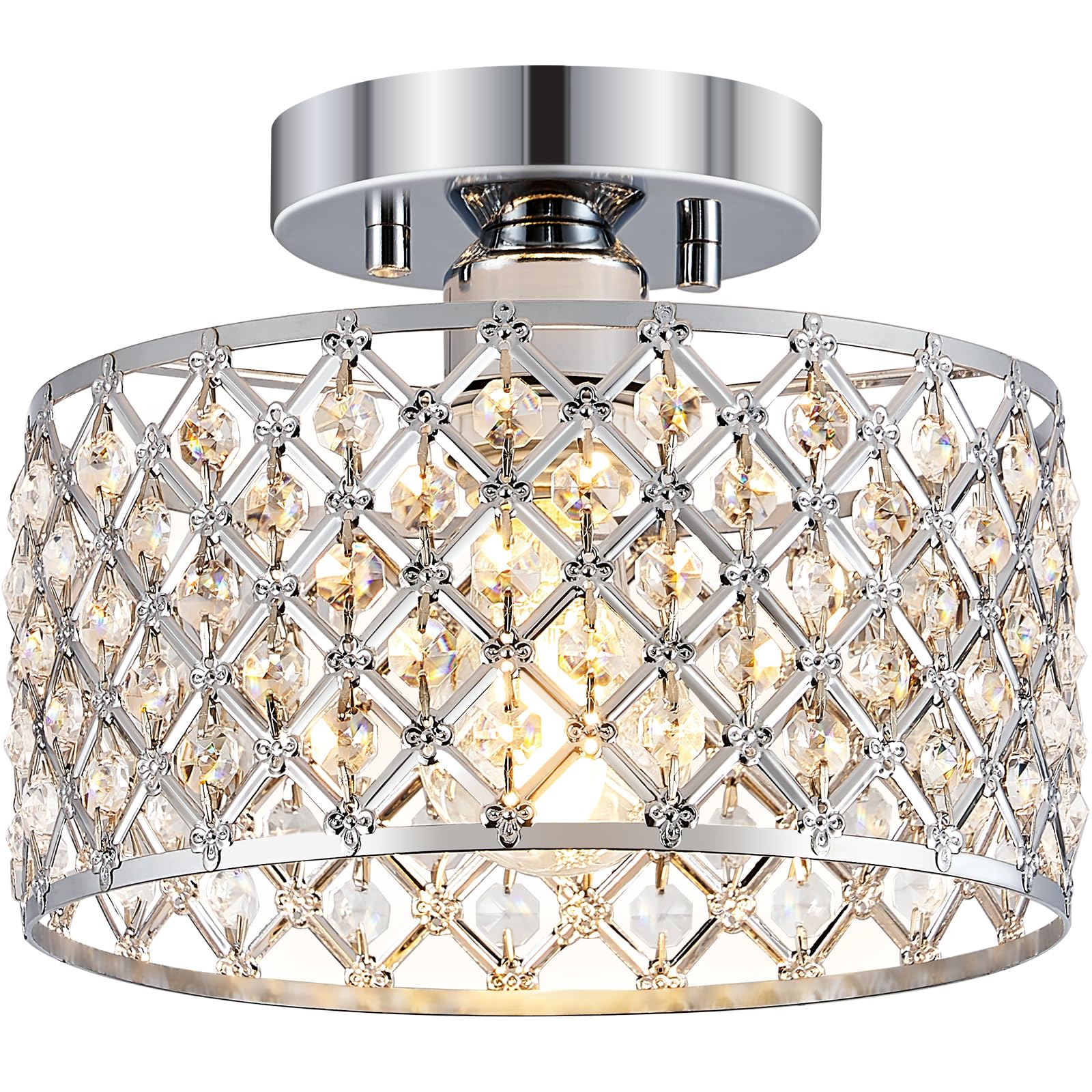 Plafonnier en cristal chromé, plafonnier moderne semi-encastré, petit lustre rond pour couloir, entrée, buanderie, cuisine, chambre, foyer, salle de bain, 1 lumière, 22,9 cm