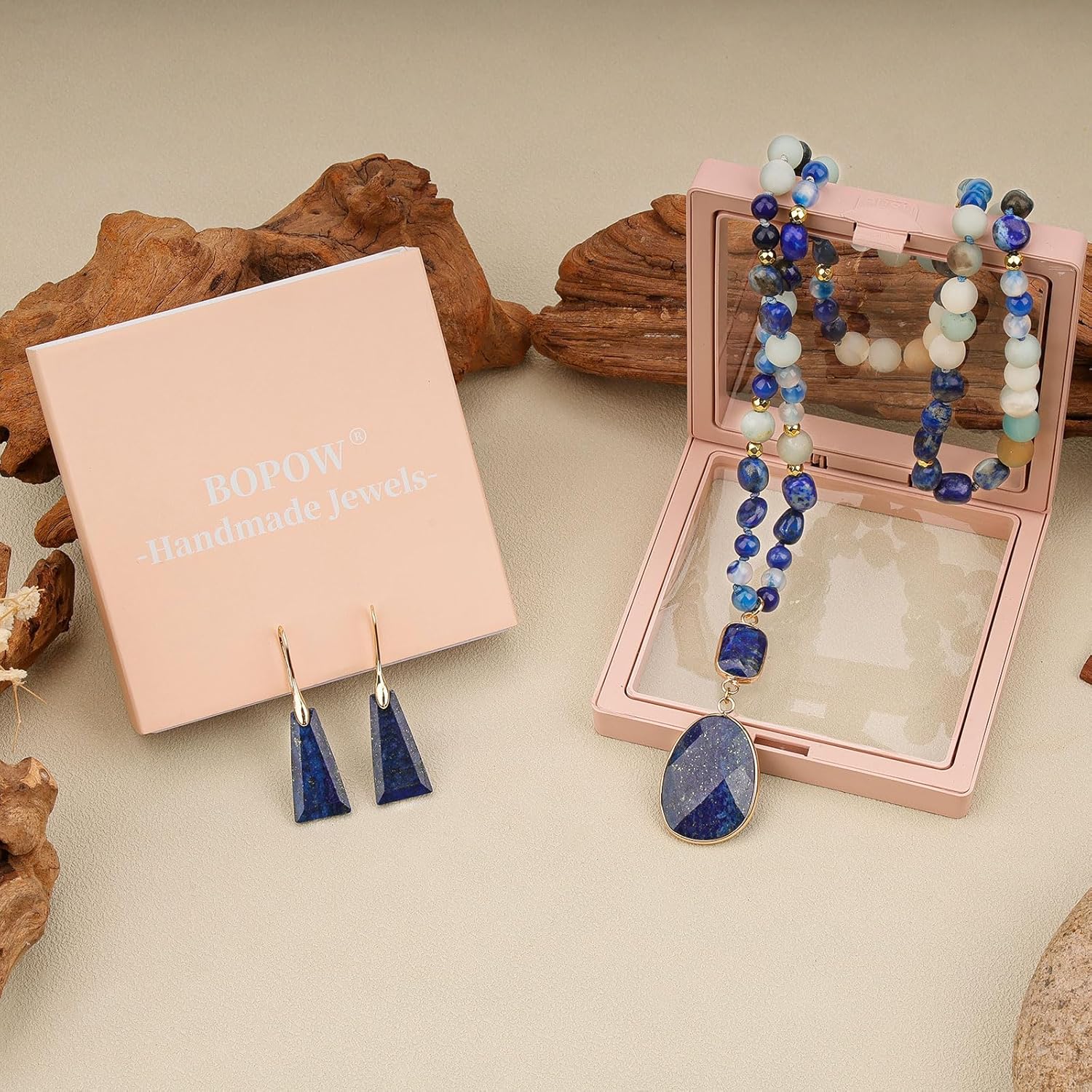 2 Pcs Boho Lapis Lazuli Jewelry Set for Women - Handmade Natural Stone Beaded Long Necklace with Oval Lapis Lazuli Pendant & Trapezoid Lapis Lazuli Earrings | Vintage Elegance | Ideal Gift for Her - Image 5