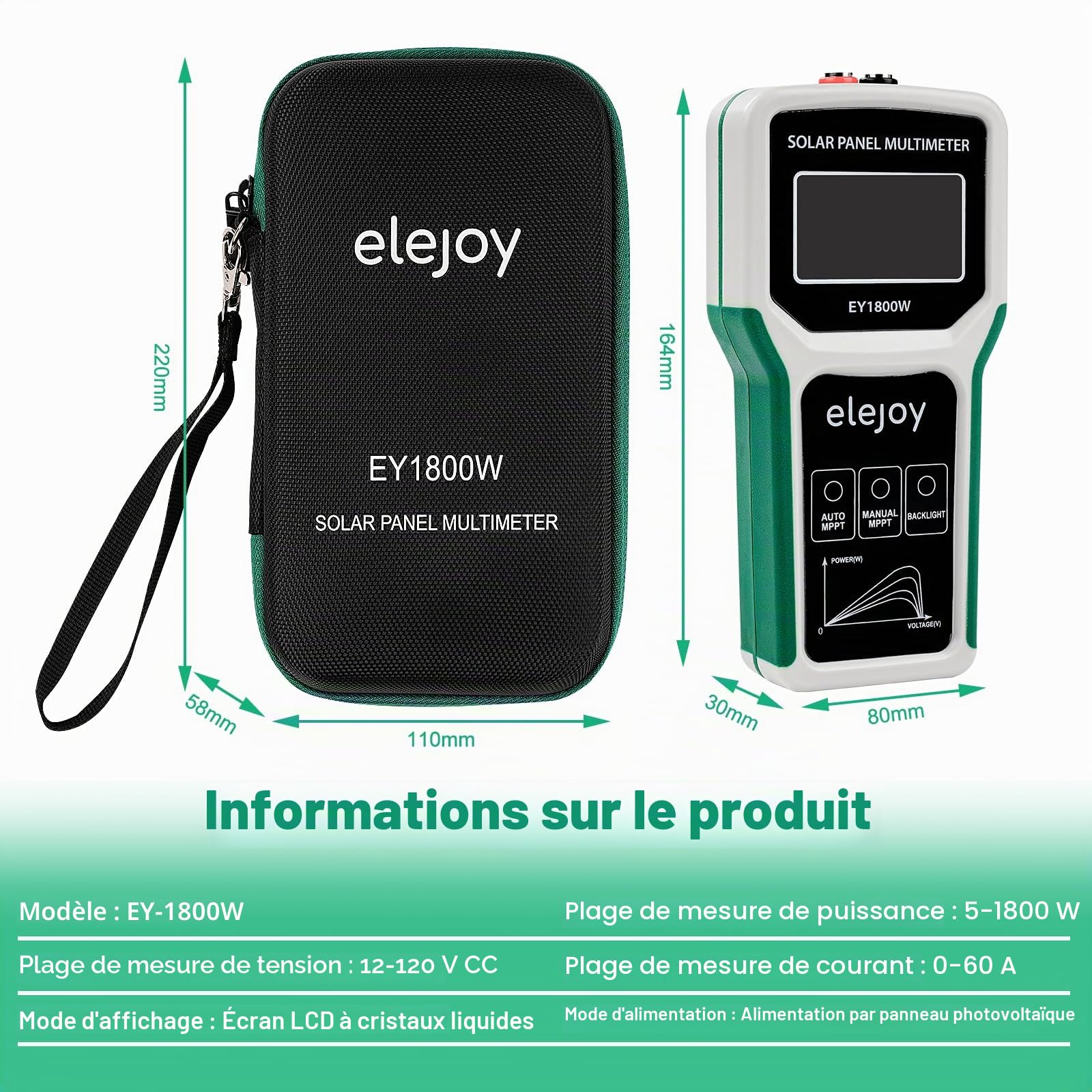 Testeur de panneau solaire 1800W multimètre de panneau Testeur solaire Optimiseur pour mesurer la puissance des panneaux solaires, pas plus haut que DC 20-120V 60A.