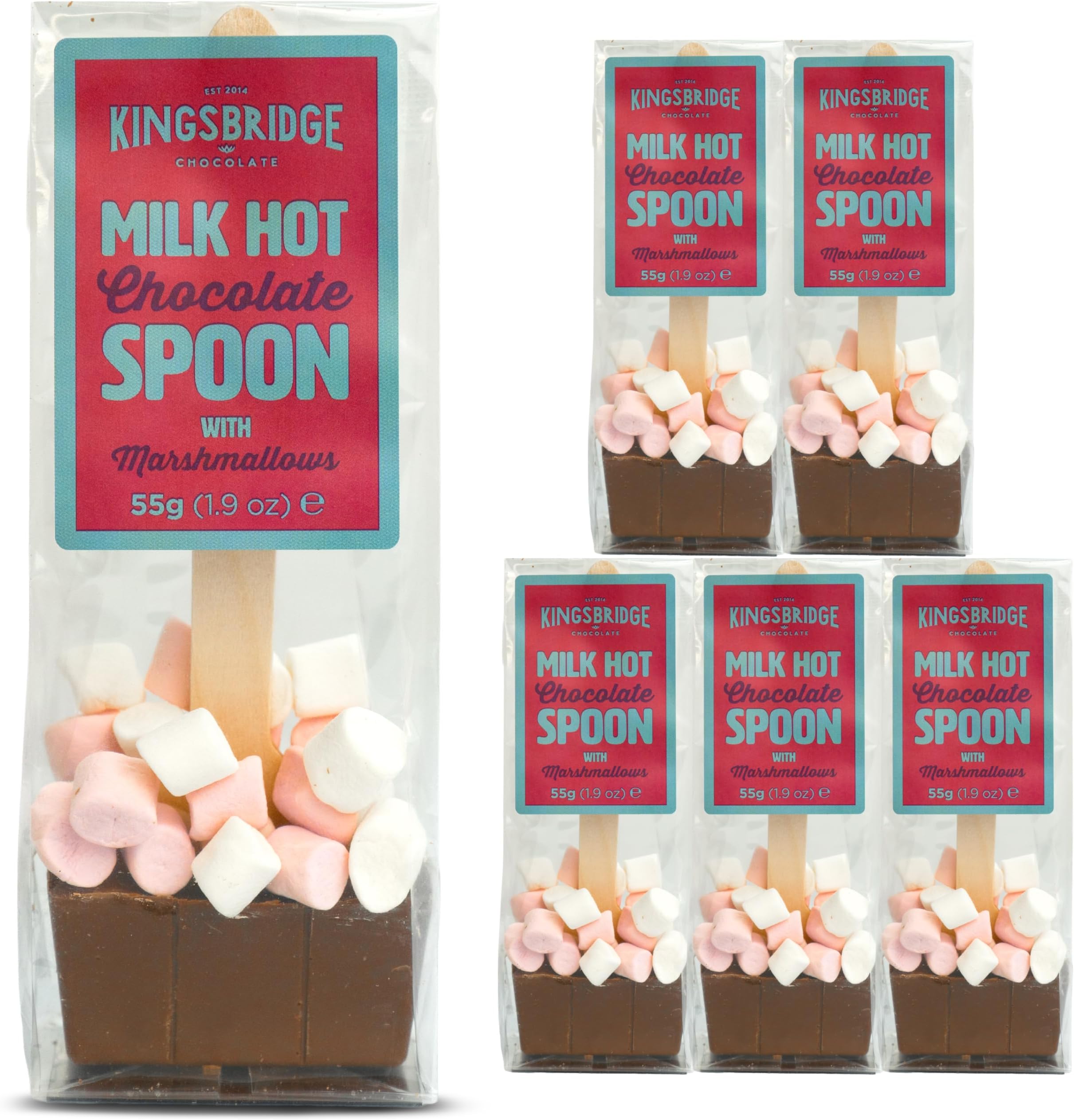 Kingsbridge Premium Hot Chocolate Spoons (5 Pack) - Luxury Milk Chocolate & Mini Marshmallow Hot Chocolate Stirrer - Milk Chocolate Block With Wooden Spoon