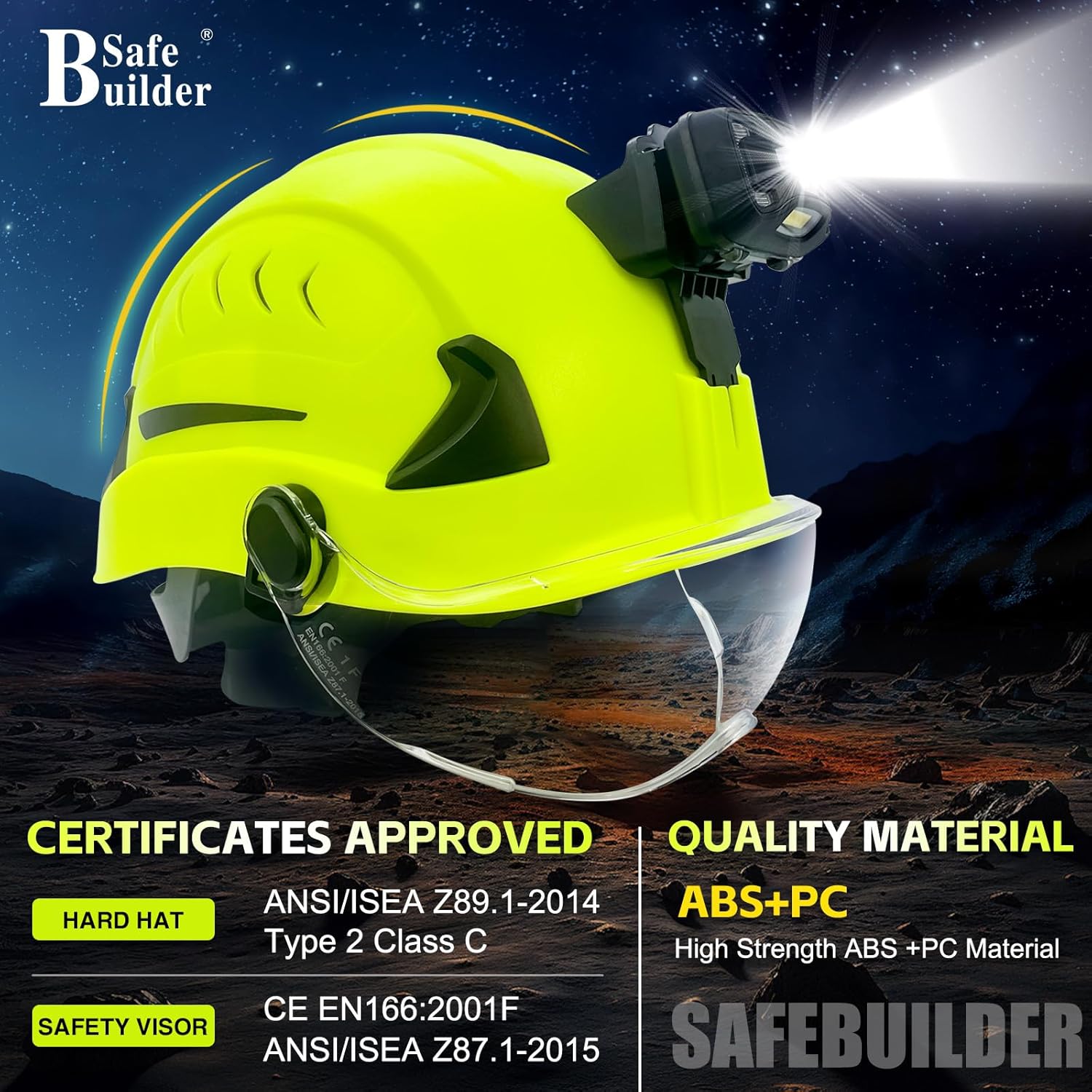 SAFEBUILDER G2C+H Type 2 Class C Hard Hats with Headlight Safety Helmet with Headlamp Vented Construction Work at Height Rescue Industrial ANSI