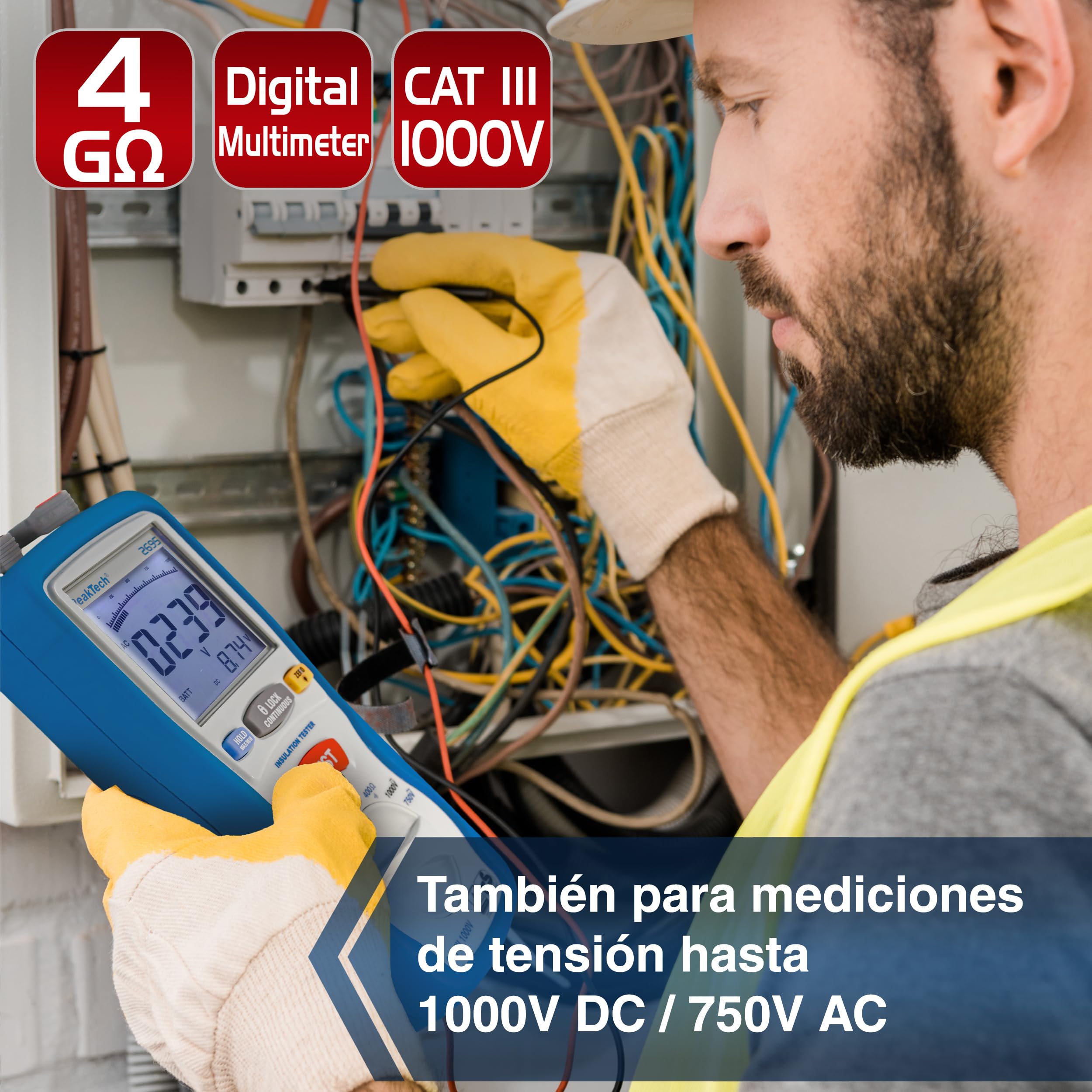 PeakTech 2695 – Probador de aislamiento, calibrado, probador de continuidad, voltímetro, circuitos, fusibles, mínimo/máximo, retención de datos, TUV/GS - 125V, 250V, 500V, 1000V