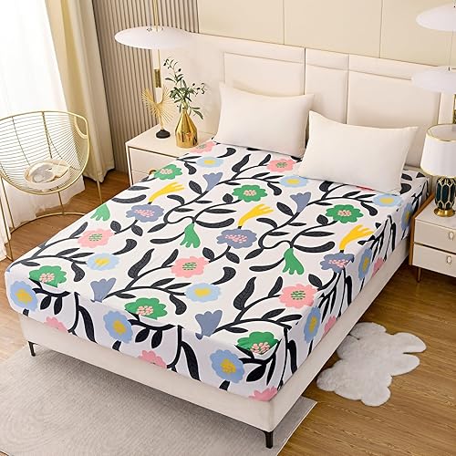 Miniatura 10 de Sábana inferior, de cajón, ajustable con bolsillo profundo, sábanas de tela estampada gruesa