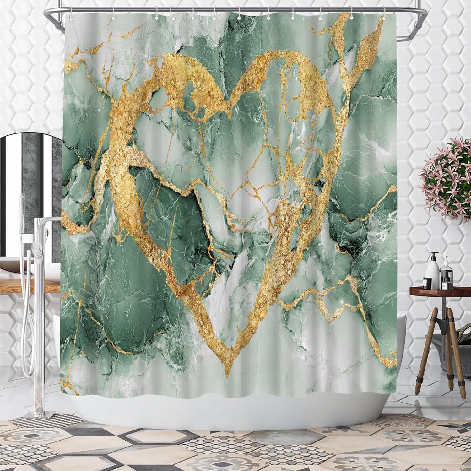 WELMECO Marble Shower Curtain, Modern Abstract Gold Heart Bathroom Decor Polyester Fabric 72x72inch Bathroom Curtain with Hooks (Teal)