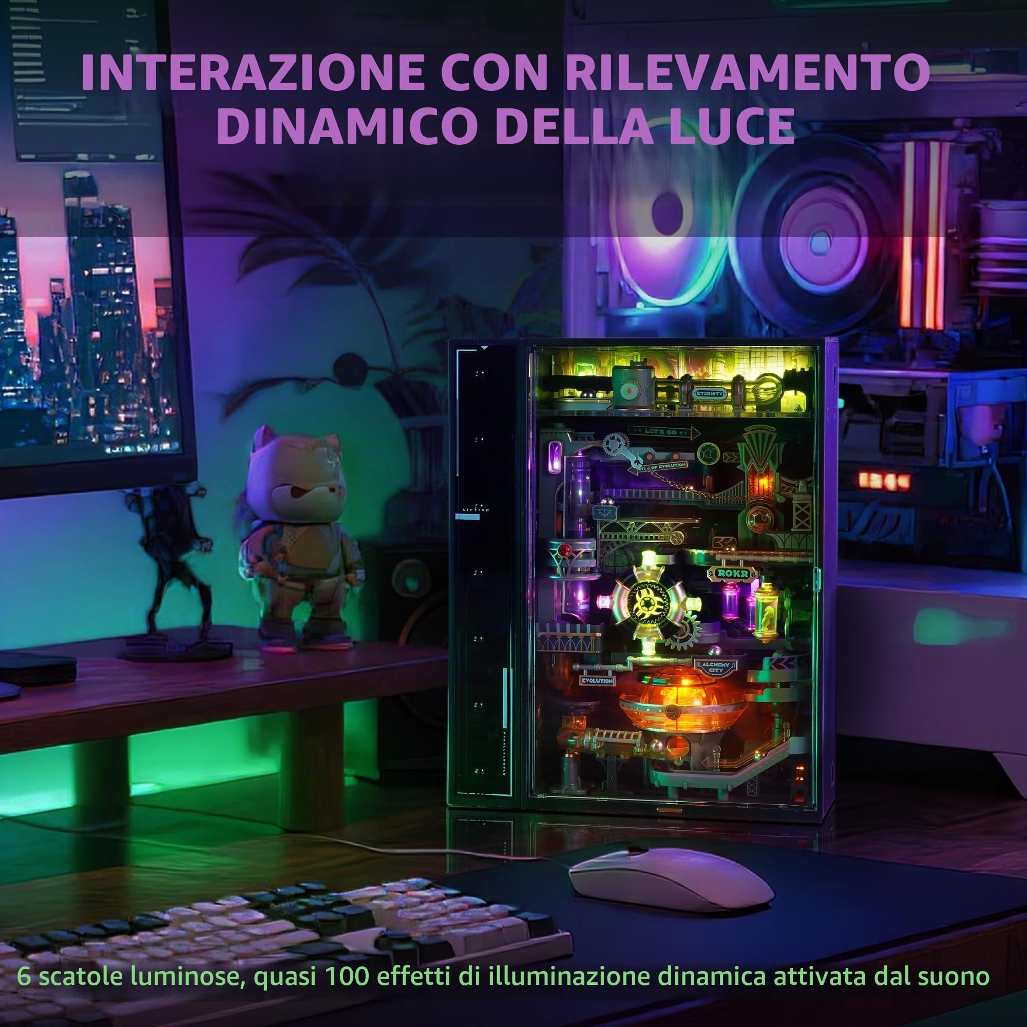ROKR Marble Run 3D Puzzle in plastica The Alchemy City Model Kit per adulti con attivazione sonora, per costruire scrivania da gioco Cyberpunk Steampunk idea regalo - Parallel World MR04S