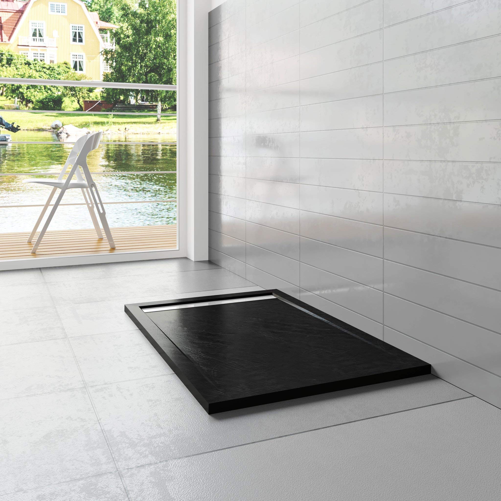 Piatto Doccia Rettangolare 70x80x3cm in Ultraslim Antiscivolo Antibatterico | Pietra Vulcanica e Resina Mista finitura Pietra Nera Ruvida