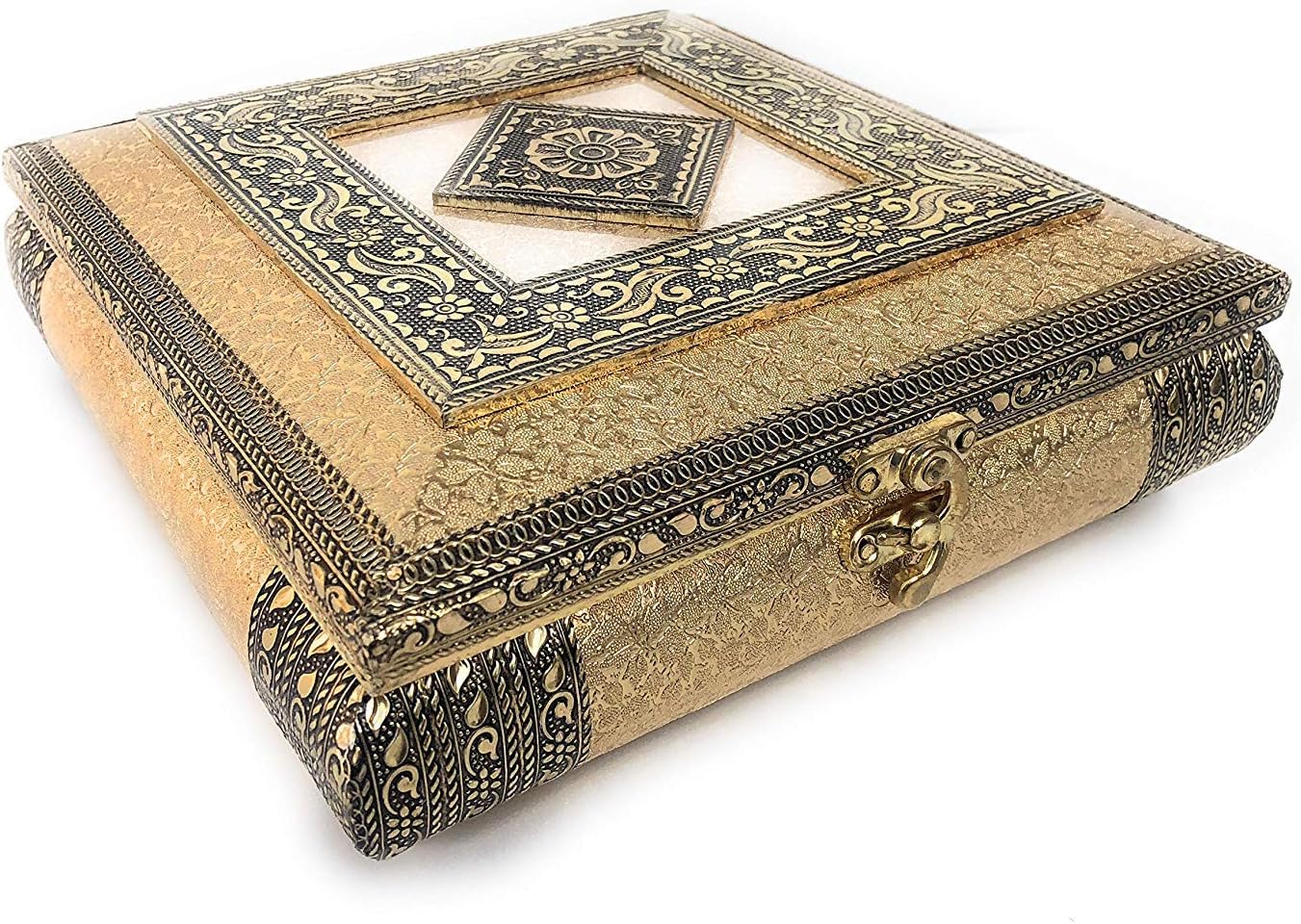 ROXA Decorative Wooden Square 4 Section Oxidized Empty Dry Fruit Box (Golden, 20cm x 20cm x 5cm)
