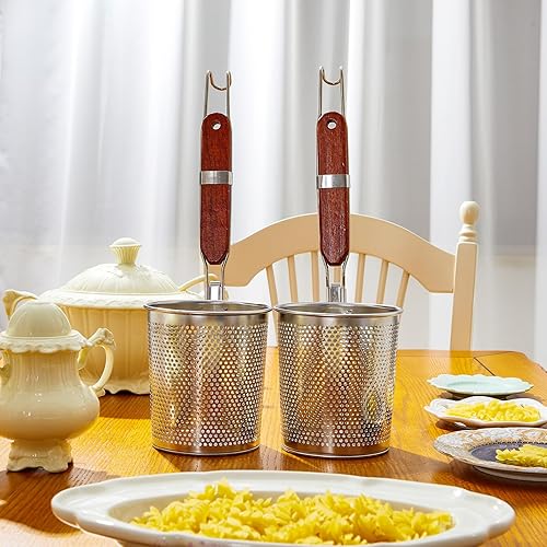 Miniatura 4 de Tessco - 4 coladores de pasta, 5.9 x 6.3 pulgadas, cesta de pasta de acero inoxidable con mango de madera, colador de araña, desnatador de cocina