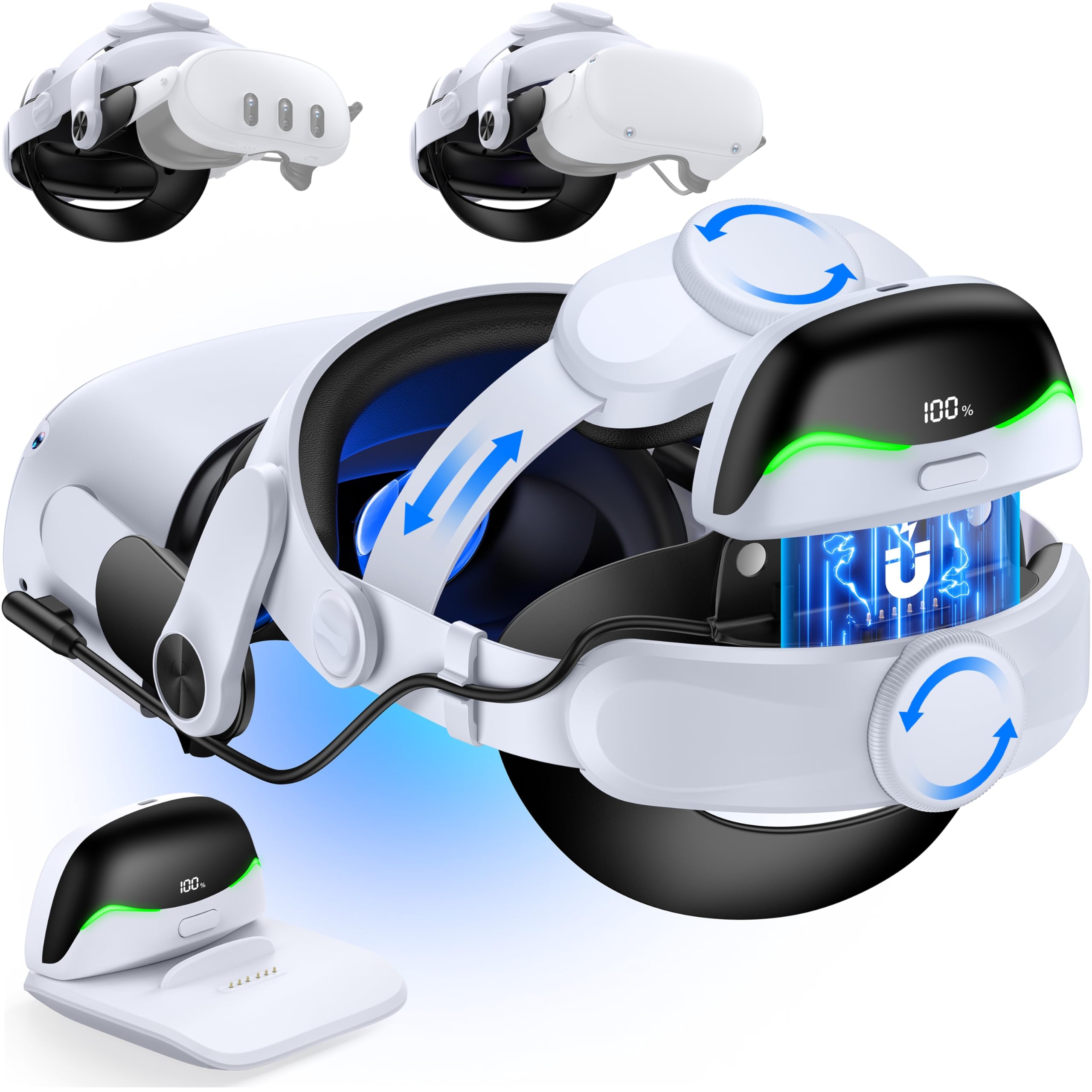 MQ4000 Series Elite Strap with Magnetic Battery and Charging Station, Adjustable Headstrap for Meta Quest 3/2, Extends Playtime, Quick Charge VR Headband