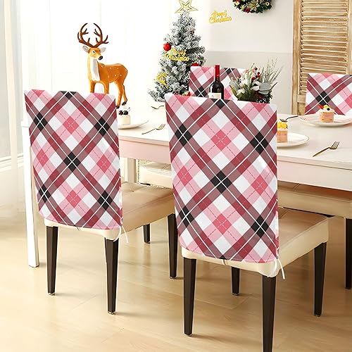 Miniatura 4 de Juego de 6 protectores de silla decorativos a cuadros rojos y blancos para decoración del hogar, comedor, fundas lavables para sillas de comedor