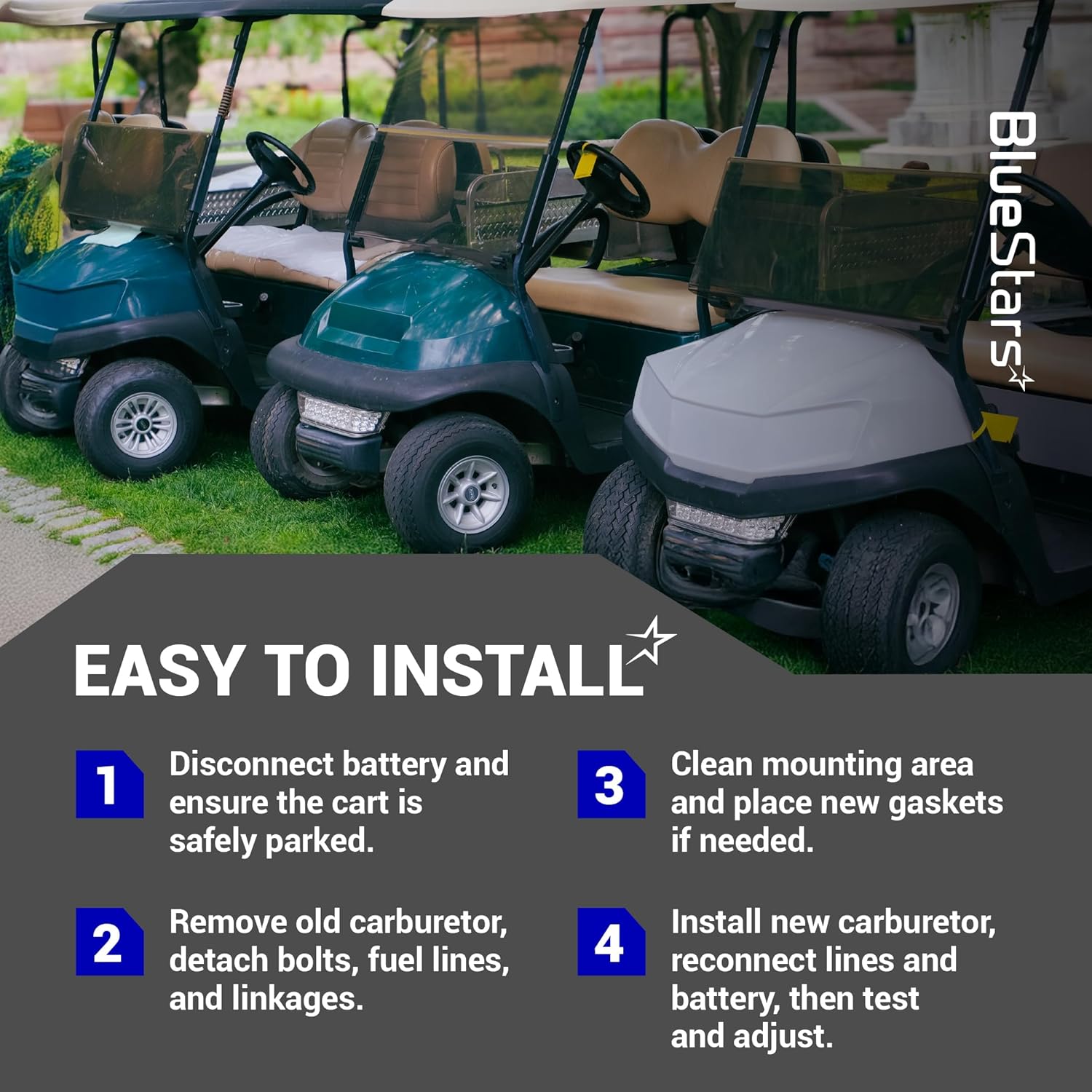 BlueStars 607954 Carburetor Kit for Kawasaki 13HP FJ400D Engine - Compatible with EZGO RXV 2008-Up, Gas Golf Cart TXT 2010-2015, Valor 2010-2014 with Fuel Pump - Replaces OEM 808656, 602061, 72873G01