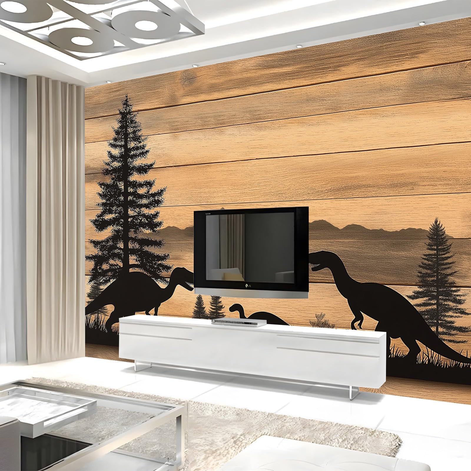 Fototapeta, sosna, dinozaur, drewniana deska, 350 x 256 cm, włóknina, fototapeta, duży plakat 3D, sypialnia, salon, sofa, tło telewizyjne, murale, tapeta