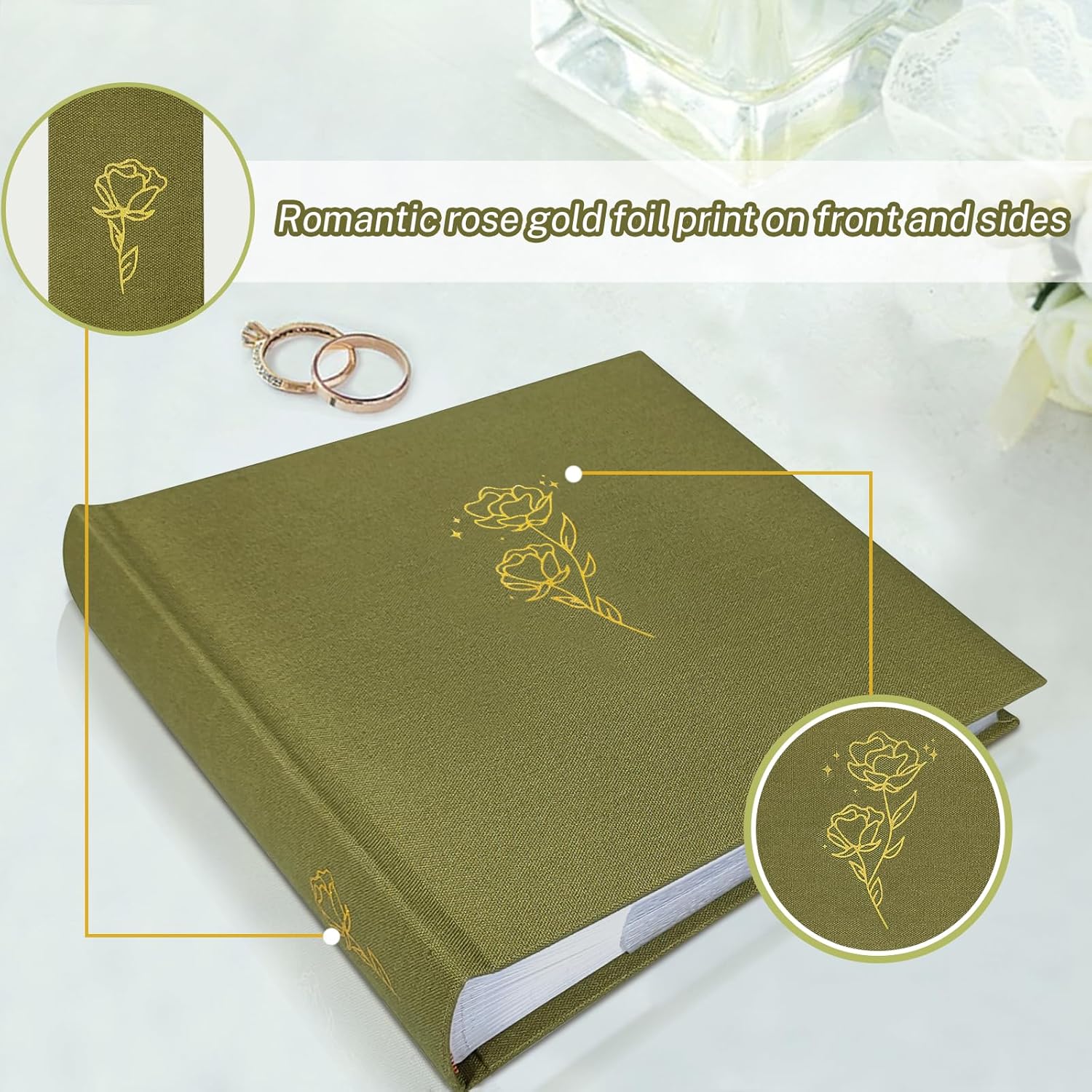 Premium Linen Fabric Rose Photo Album 4x6 Pictures 200 Pockets Wedding Memory Book with Writing Space Photo Organizer for Family Baby Anniversary-Olive