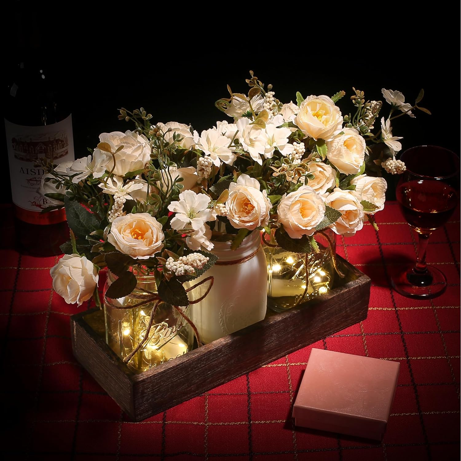 3 Pcs Mason Jar Centerpiece Table Decorations for Dining Table Decor Farmhouse Coffee Table Decor with Wood Tray and Led Light Table Centerpieces for Dining room Kitchen Living Bathroom,White - Image 6