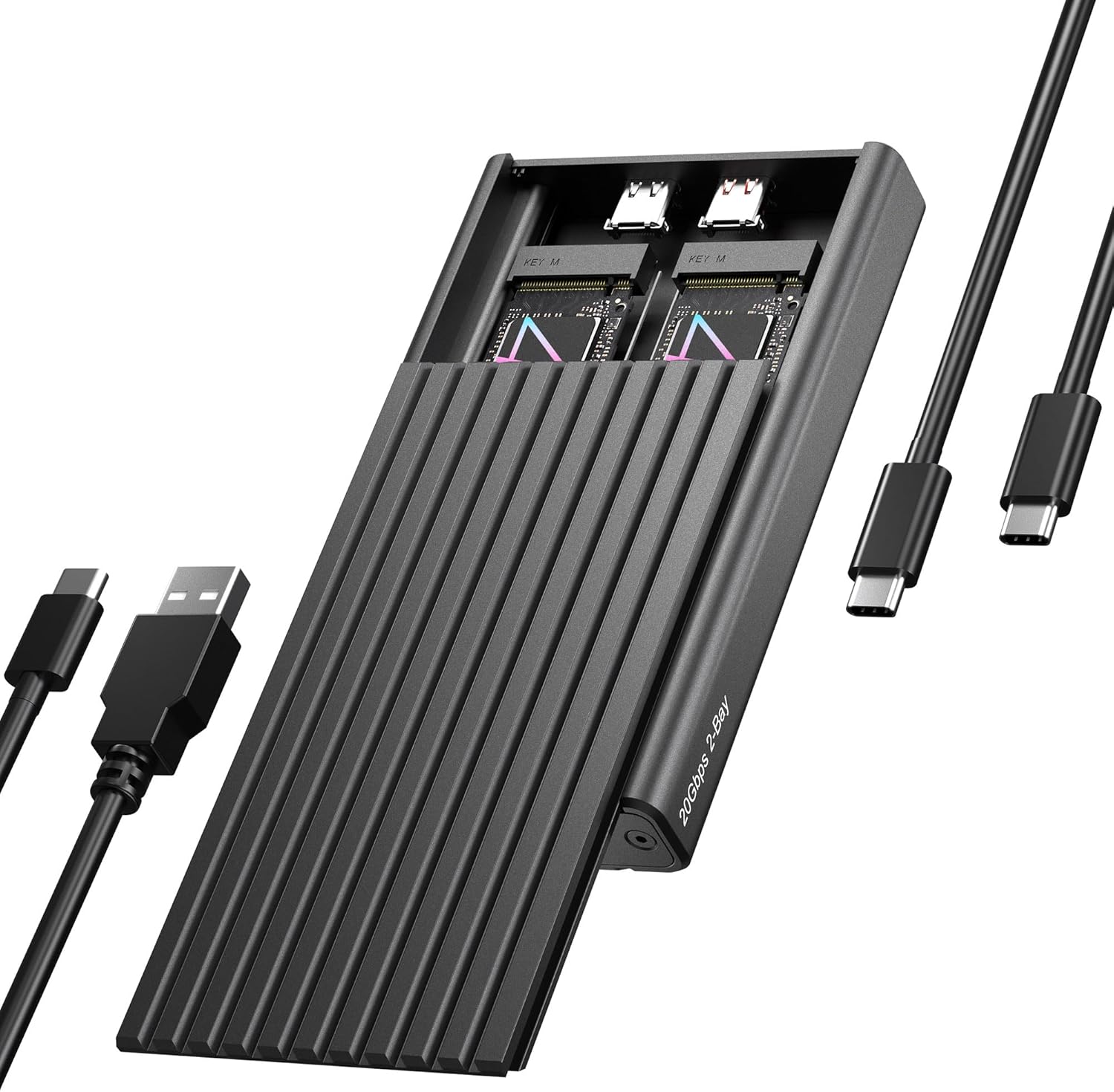 Dual M.2 NVMe SSD Enclosure, ICY BOX 20Gbps NVMe Enclosure, USB C to M2 Adapter for M Key PCIe 2230/2242/2260/2280 M.2 SSDs, Dual Bay Tool-Free Installation Aluminum SSDs Reader