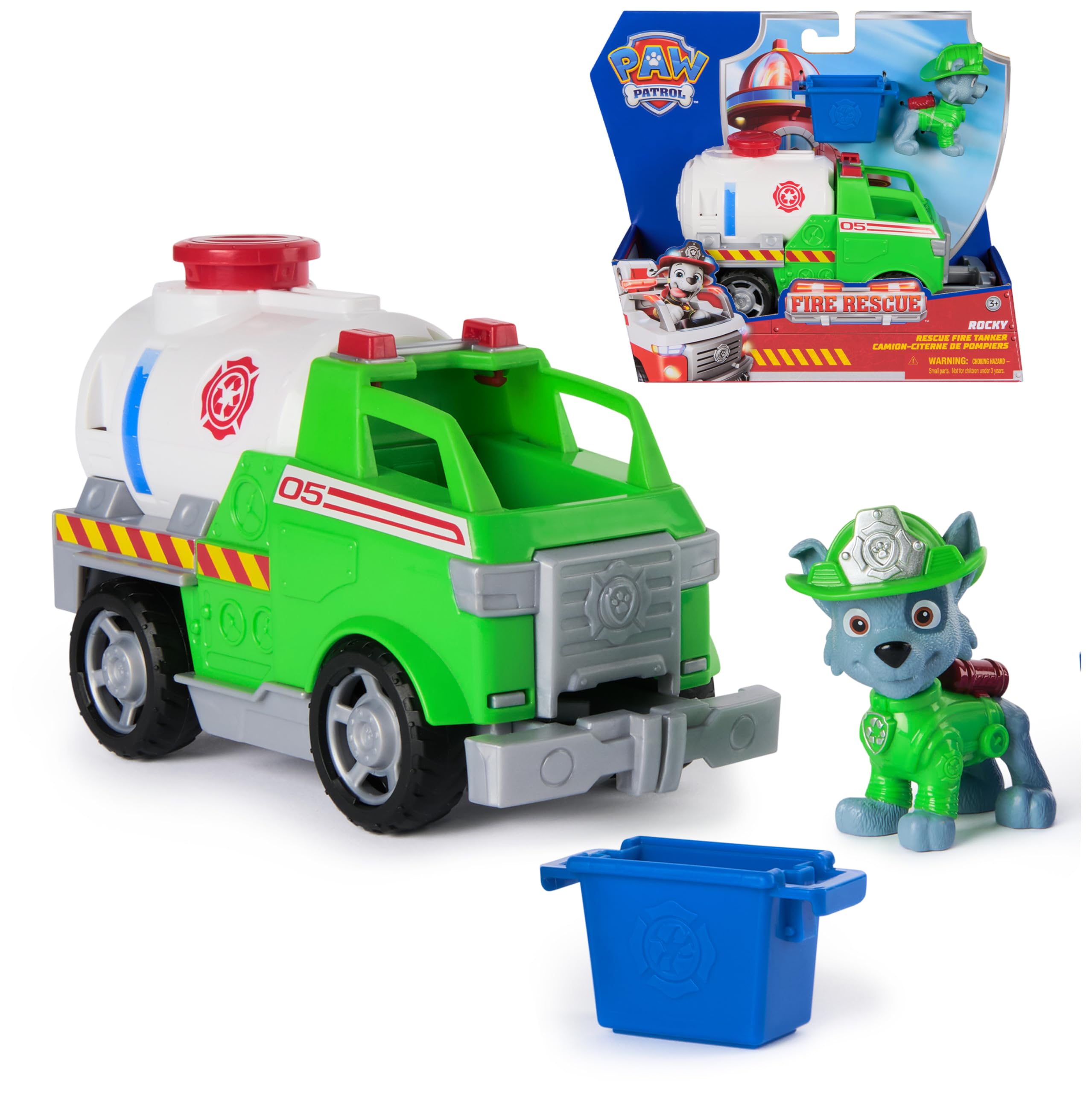 PAW PATROL – Fire Rescue Rockys Tanklaster mit Greiferklaue und Rocky Hundefigur, Spielzeug für Kinder ab 3 Jahren