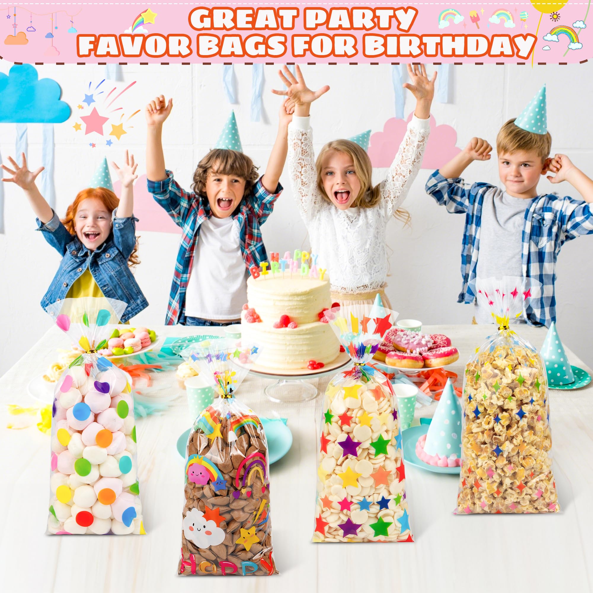 50PCS Rainbow Cellophane Treat Bags: Clear Goodie Bags with 60 Twist Ties for Kids Birthday Party Favors Wrapping, Durable Clear Plastic Gift Bag for Candy Cookies Treat Classroom Return Gifts