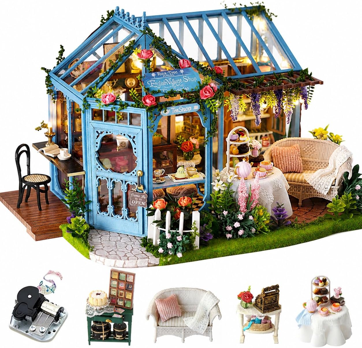 CUTEROOM DIY Mini Dollhouse Wooden Furniture Kit,Rose Garden Tea House - Handmade Cottage Hut Small House with Music Box - for Assembling Birthday Gifts
