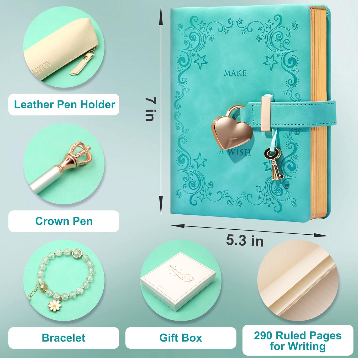Diary with Lock for Girls Ages 8-12 Kids Journals for Writing 296 Ruled Pages Notebook Journal with Lock, Box Set Includes Leather Journal Notebook, Combination Lock, Pen Holder, Bracelet & Crown Pen : Office Products