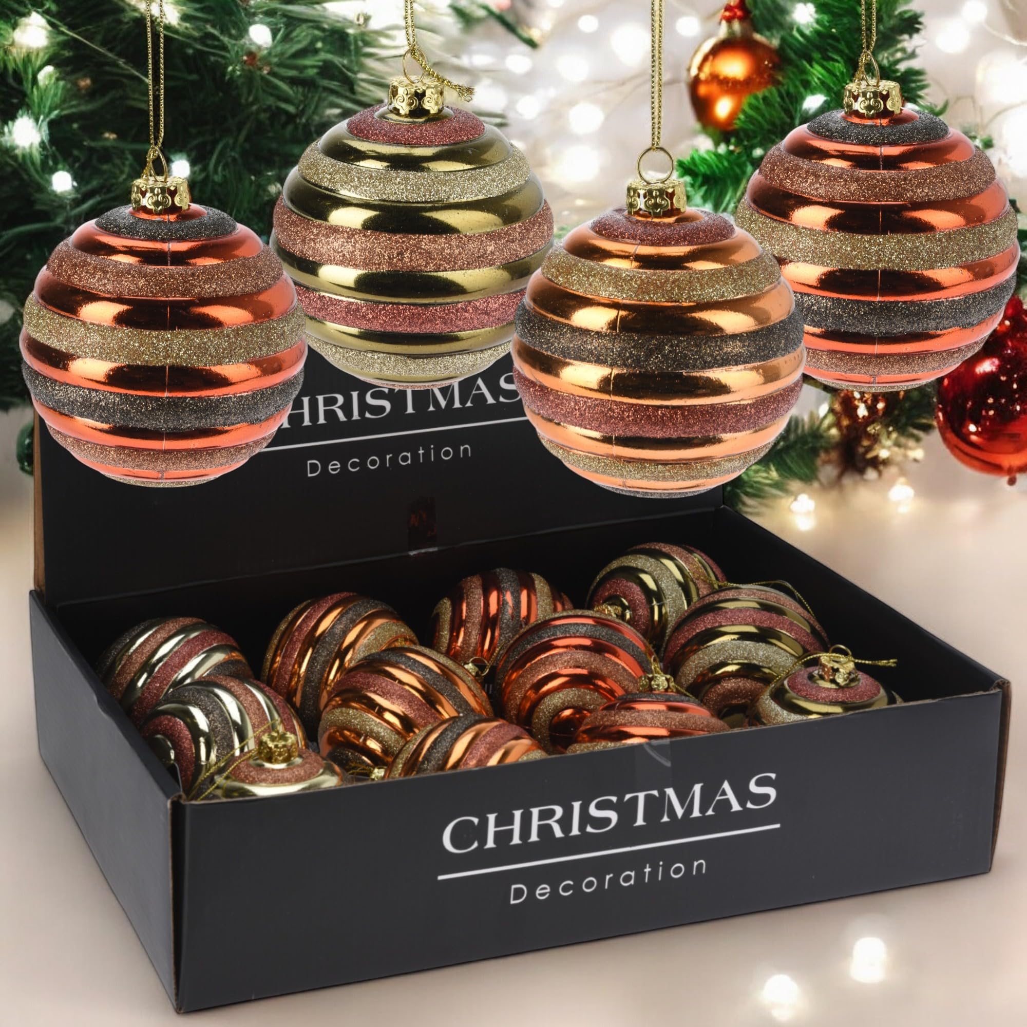 MIJOMA - Juego de 12 bolas de Navidad nostálgicas, irrompibles, diámetro de 8 cm, adornos para árbol de Navidad con diseño único y hechizo vintage en verde, naranja, dorado y marrón (juego 12)