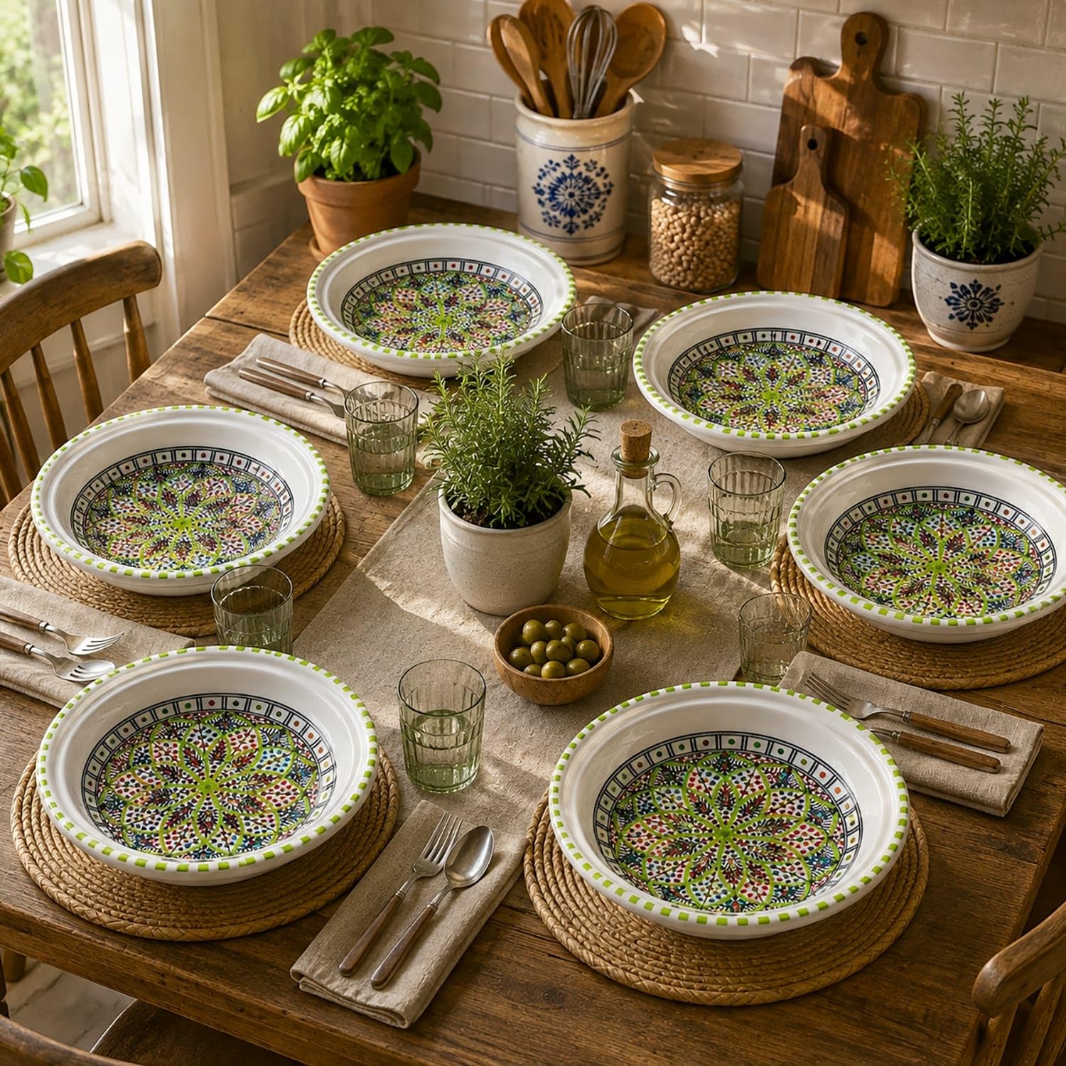 Generico Set 6 Piatti Fondi in Ceramica Tunisina Dipinti a Mano Ø28 cm, Piatti Artigianali Decorati per Tavola Mediterranea 1401241501