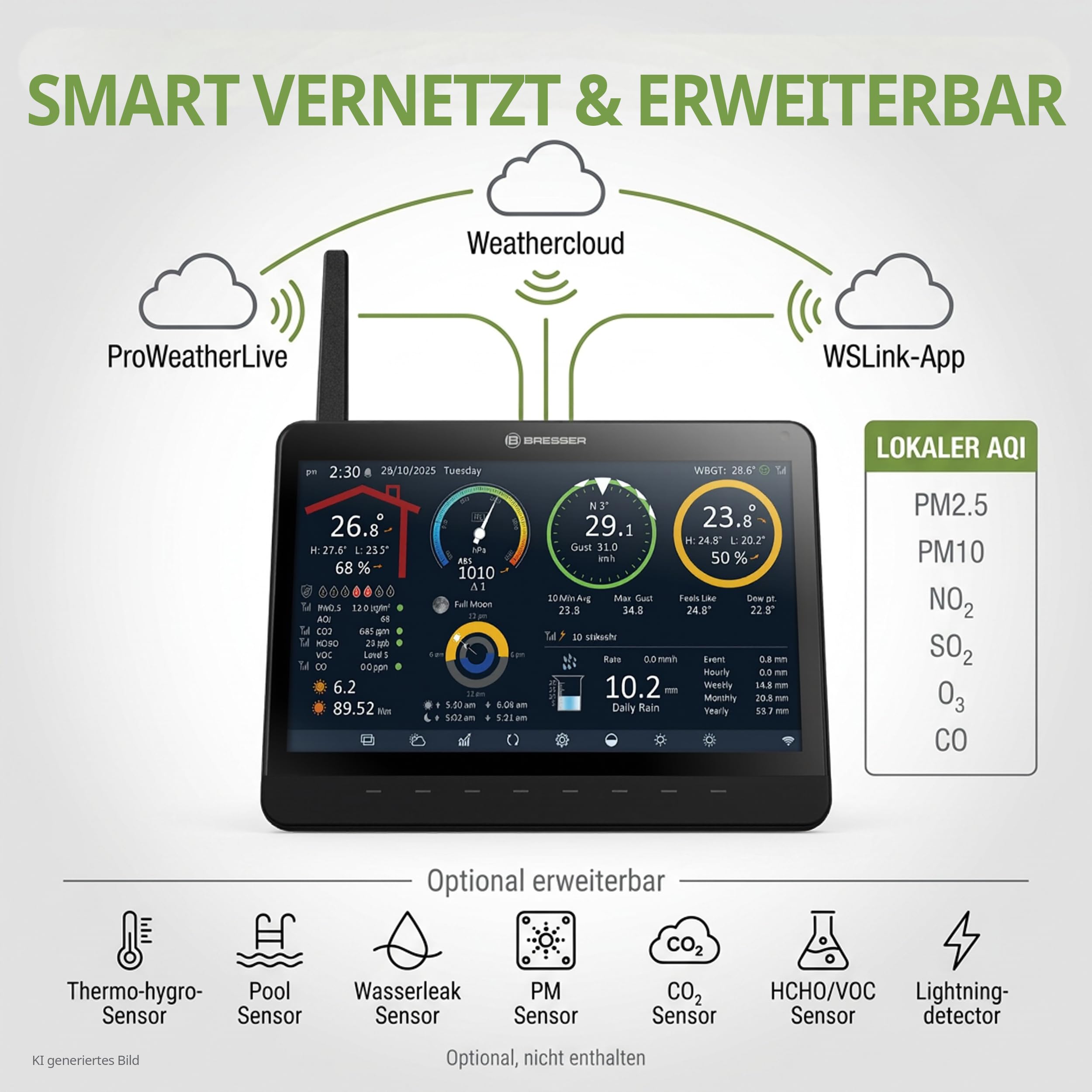 Bresser MeteoChamp Profi WLAN Wetterstation Funk mit 9 in 1 Außensensor | Innentemperatur und Außentemperatur, Luftfeuchtigkeit, Regenmesser, Windmesser, UV, Licht, WBGT, Wettervorhersage, App