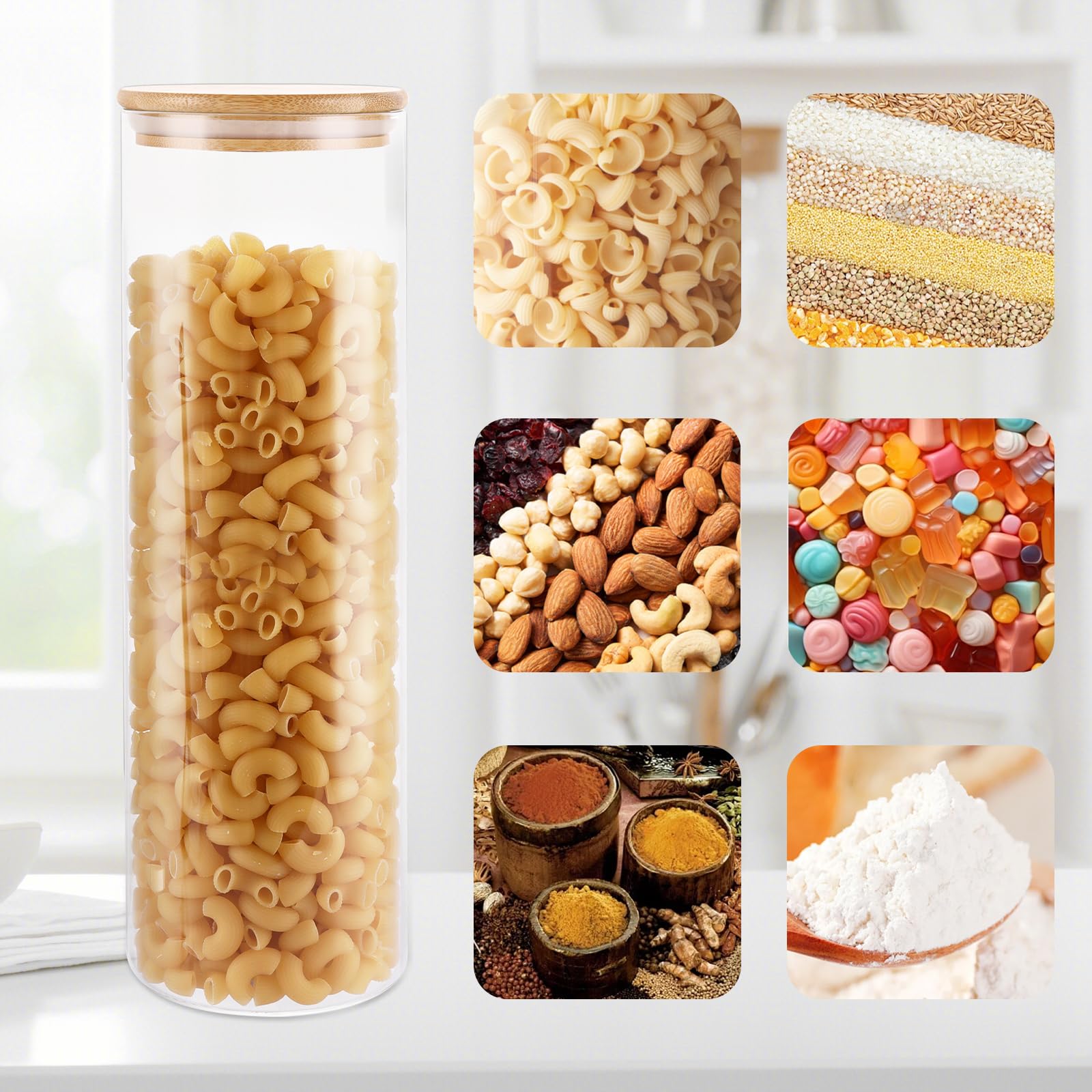 4 tarros de vidrio de 2 L, 10 x 300 mm con tapas de bambú, tarros de almacenamiento de cocina con tapas herméticas, recipientes redondos de almacenamiento de vidrio para frascos de especias,
