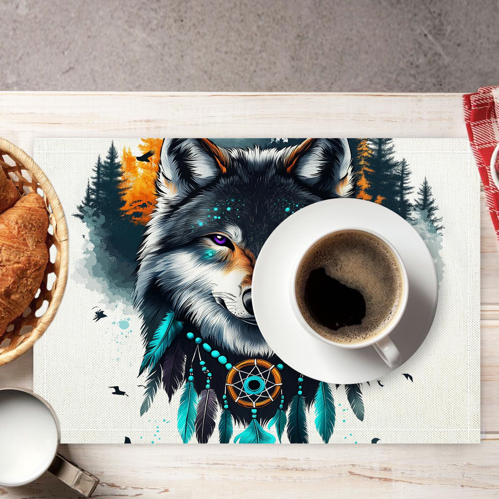 Tovaglietta Americana Acquerello in Cotone Lino Rettangolare - Tovagliette Set di 8 Lupo della rete dei sogni Resistente al Calore per La Cucina, Il L'Ufficio, 30 x 45cm
