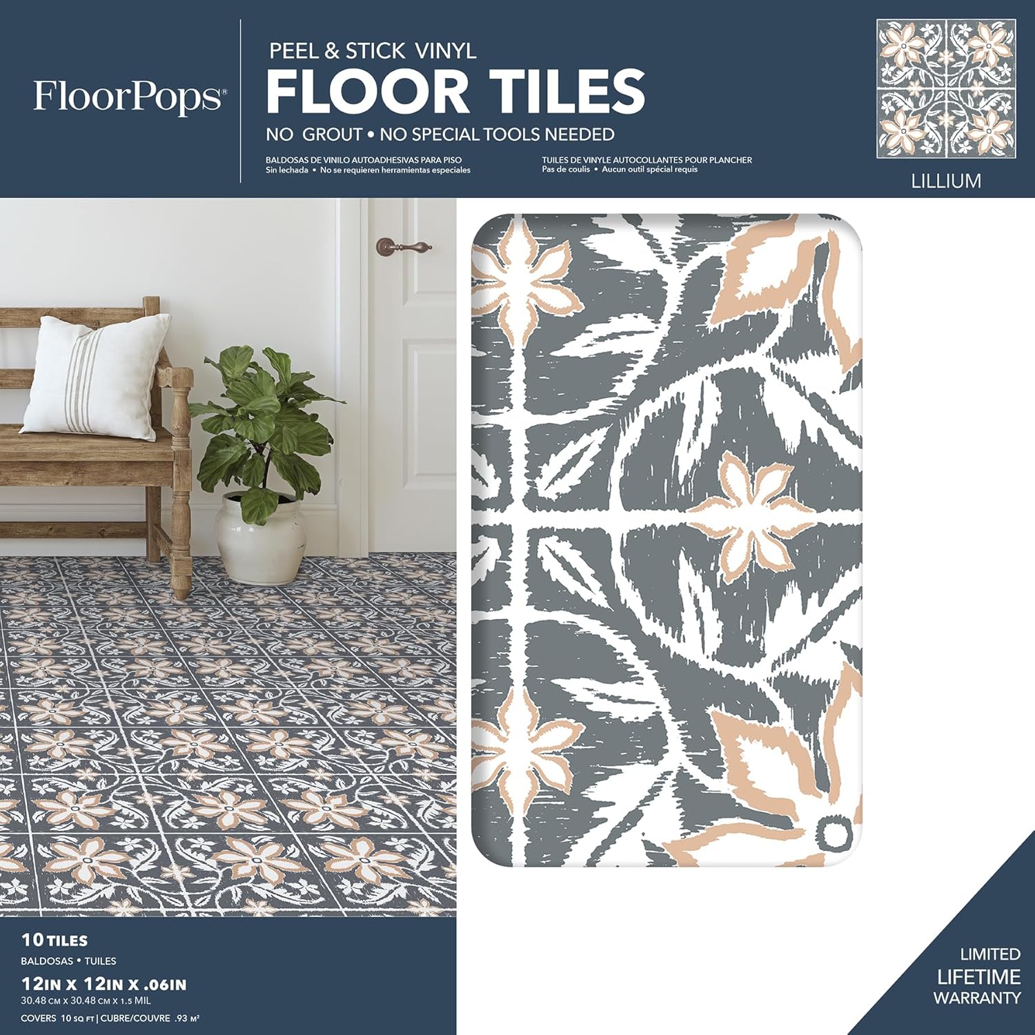 FloorPops Lillium Blue Peel and Stick Floor Tiles, FP6302