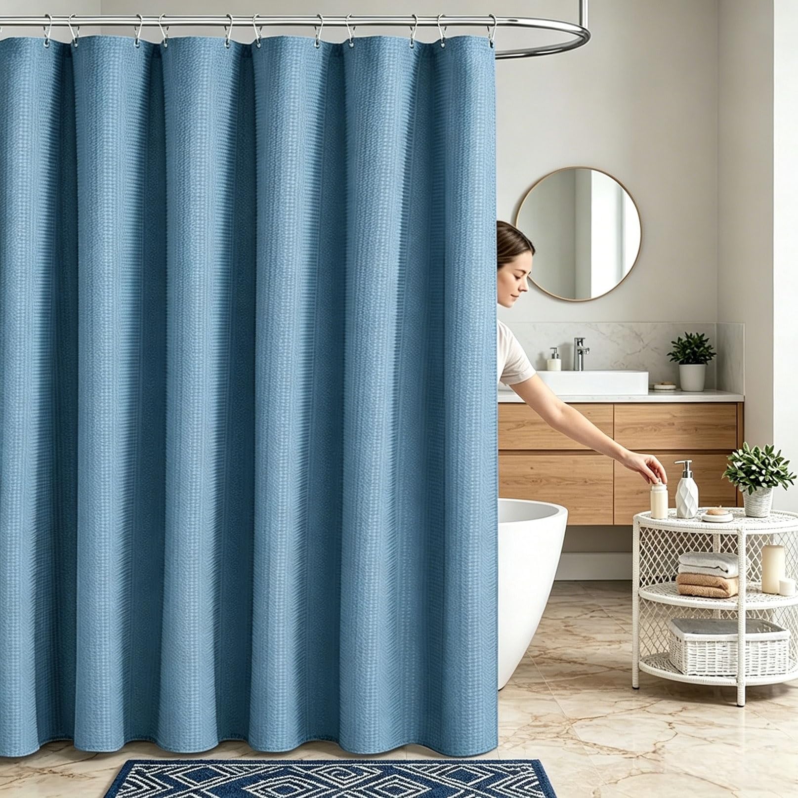 RCYONGQ Shower Curtain for Bathroom Mould and Mildew Resistant, Polyester, Waffle Bathtub Curtains Includes 12 Pcs Curtain Hooks, Quick-Drying, 230g/㎡ for Bathroom Wet Room Tub(Blue,200x220cm)