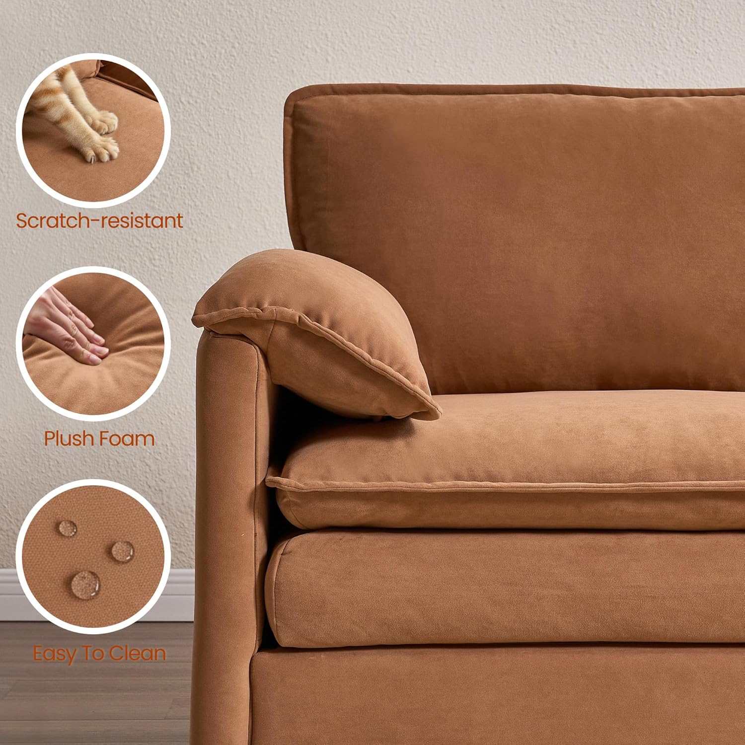 Modular Sectional Couch for Living Room, Modern Cloud Loveseat Couch with 2 Seat, Upholstered Modular Sofa Sectional Couches Set for Small Spaces/Home Office/Dining Room, Brown Velvet