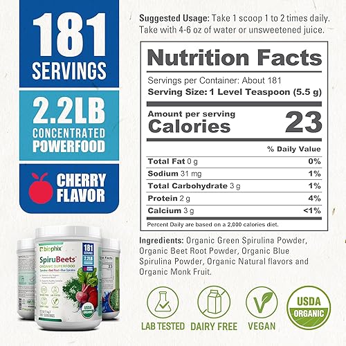 Miniatura 3 de biophix SpiruBeets Orgánica 2.2 lbs Sprirulina - Raíz de remolacha - Polvo de superalimento rico en proteínas y denso en nutrientes - Rico en óxido