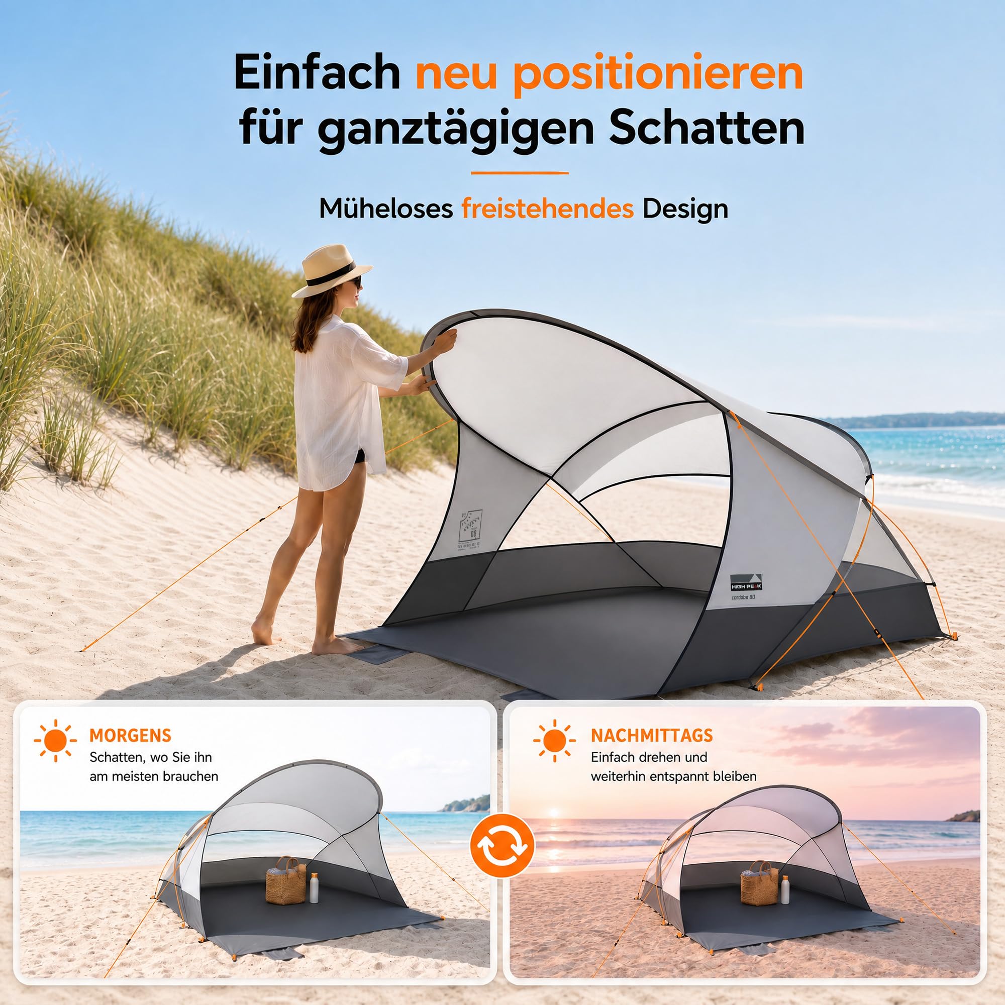 High Peak Strandmuschel mit UPF 80+, verlängertem Sonnendach und Windschutz