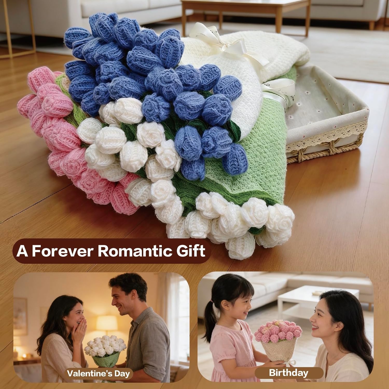 Blue Rose Flowers Bouquet Blanket, Tulip Flower Throw Blankets, Romantic Gifts for Mom, Sister, Friend for Birthday, Valentine, Home Decor, Bed, Sofa(39 Inch) - Image 4