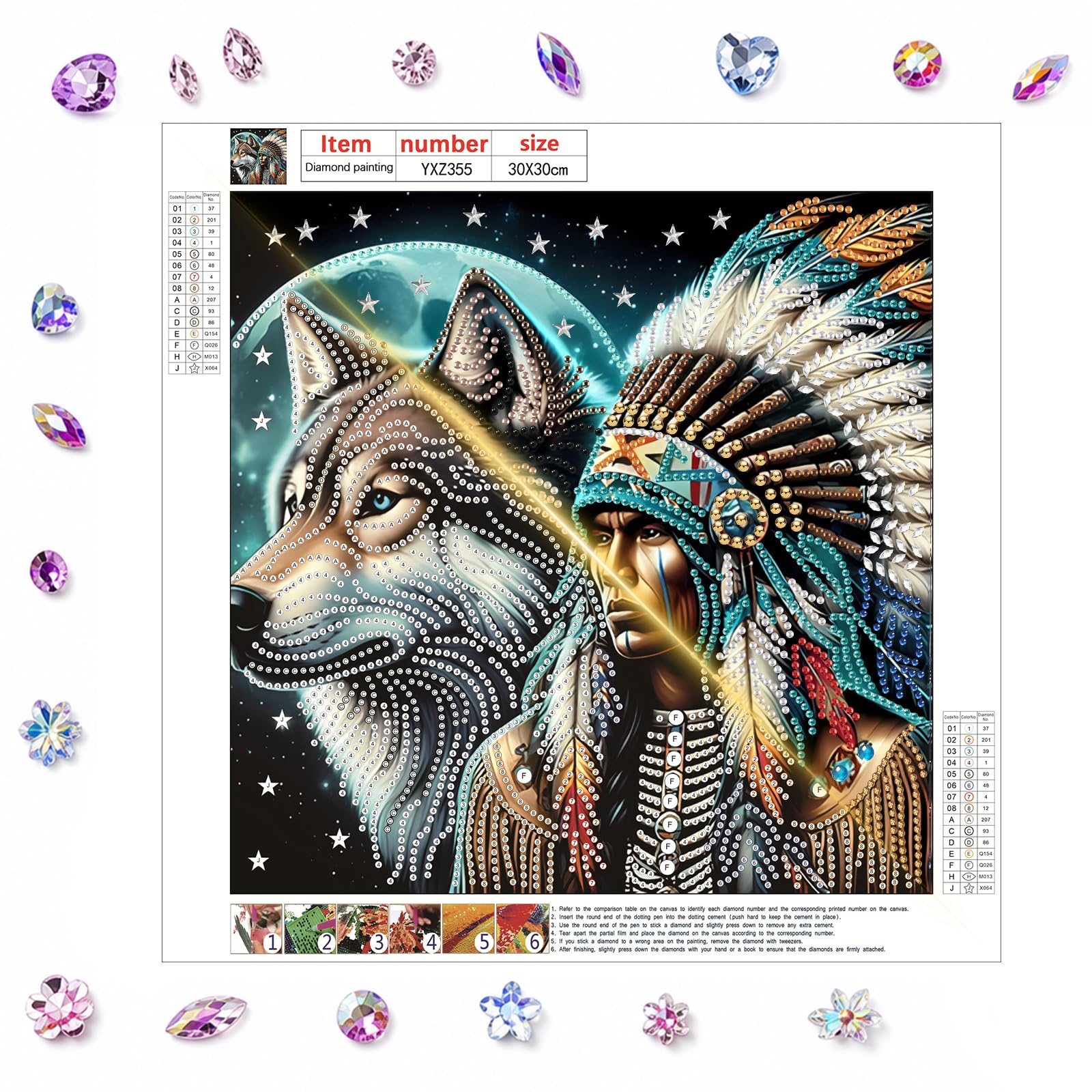 POETRYDRAW Moonlit Native & Wolf 5D Partial Drill Diamond Art Kit 11.81x11.81in - DIY Gem Painting for Adults & Beginners