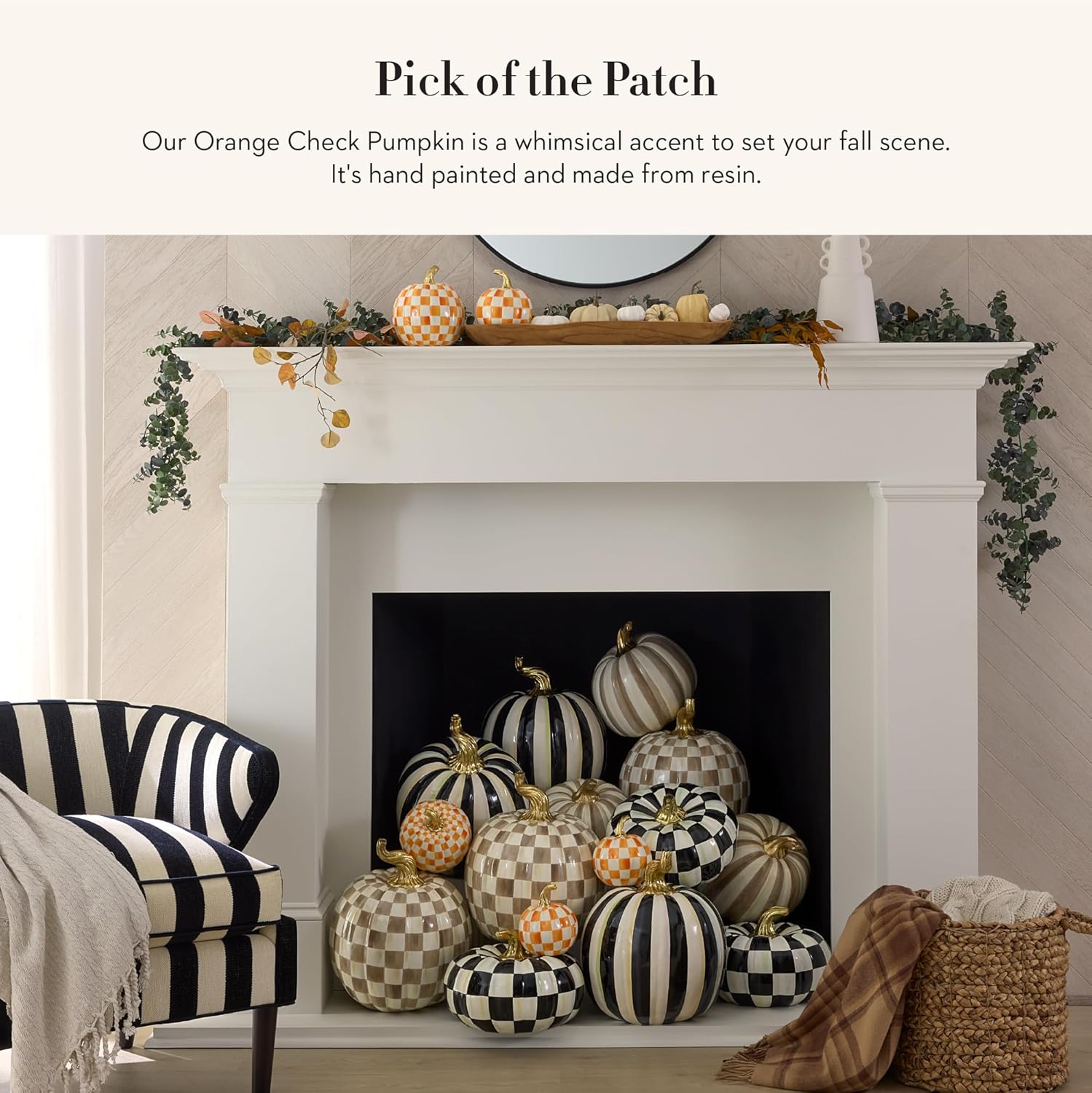 MACKENZIE-CHILDS Small Pumpkin, Resin Halloween Home Decor, Orange-and-White Orange Check