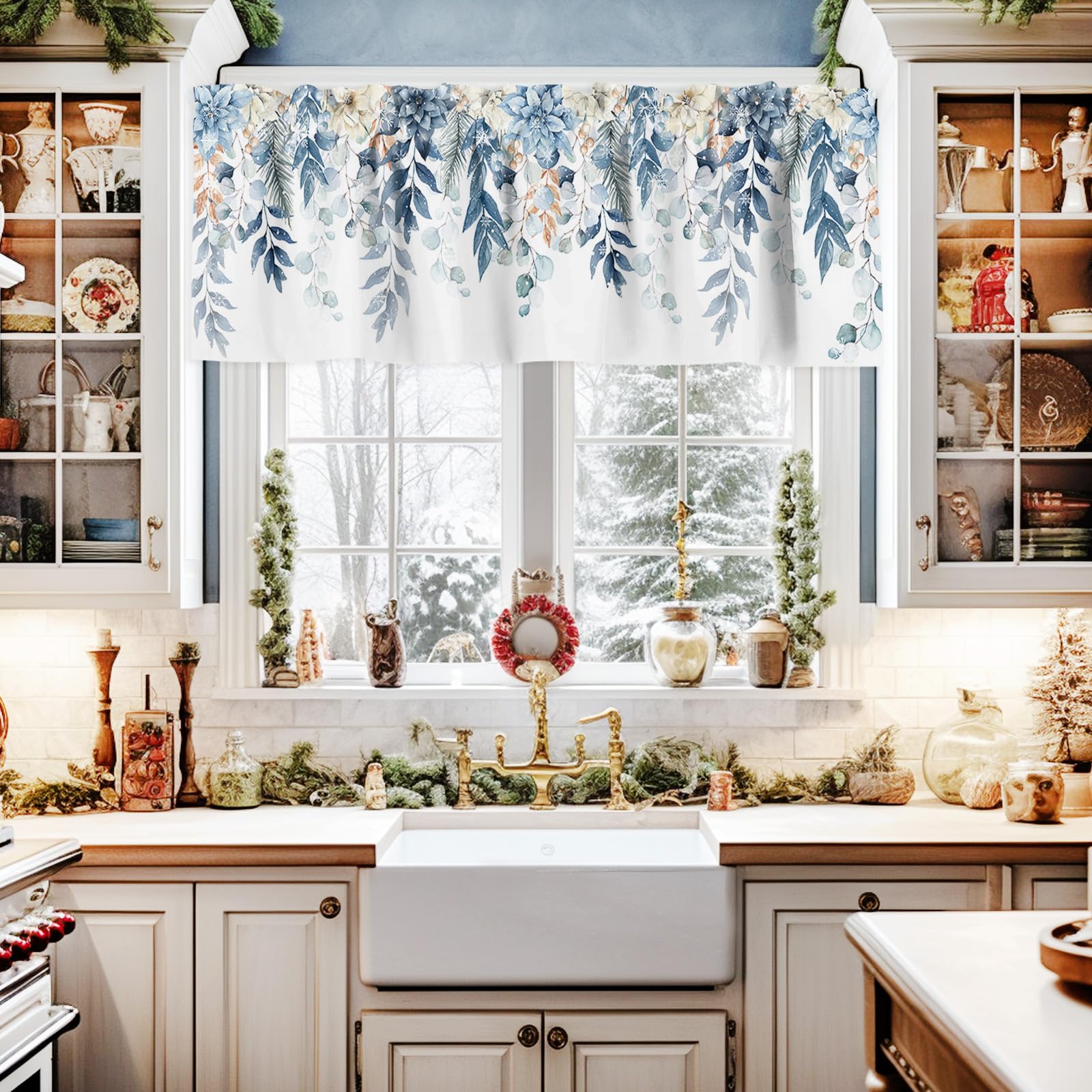 Christmas Winter Eucalyptus Leaves Valances for Windows, Light Filtering Thermal Insulated Windows Curtains Decoration Xmas Snowflake Valance Curtains for Kitchen Bedroom Living Kid Room Decor 42x12in