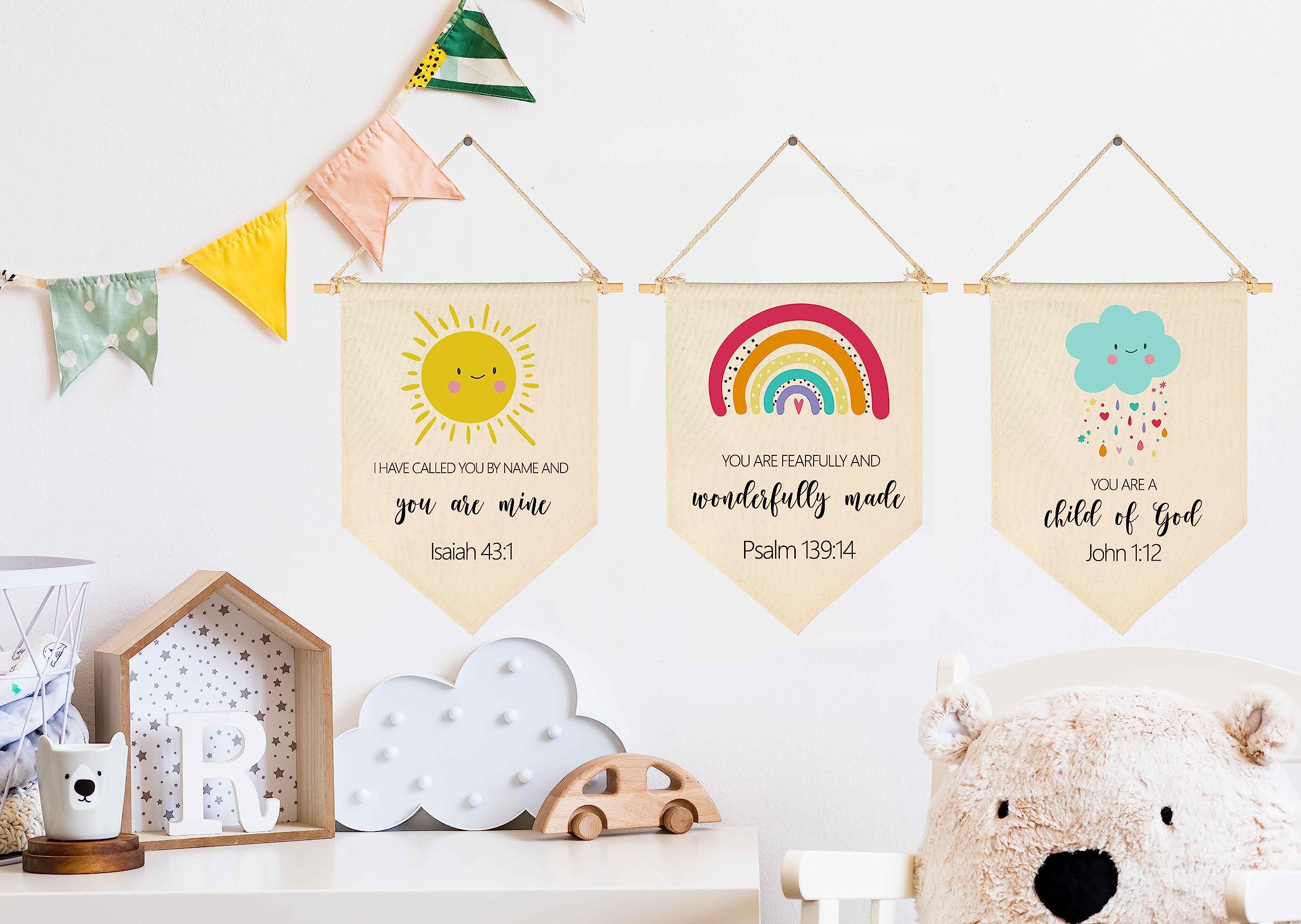 Christian Art-Bible Verse Banner-Scripture Decor-Weather Rainbow Cloud Sun-Flag Decor Gift for Baby Boys Girls Kids-Banner Wall Sign Gifts for Nursery Baby Room Playroom Bedroom Front Door-Set of 3