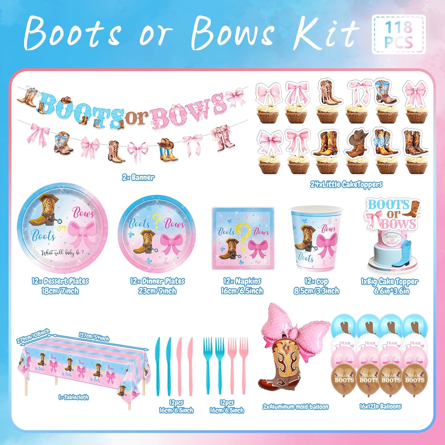 Boots and Bows Gender Reveal Party Supplies Includes Balloons- Banner-Boots or Bows Cake Topper-Cupcake Toppers-Backdrop-Plates-Tablecloth-Napkins-Cups and Cutlery for Gender Reveal Party Decorations - Image 2
