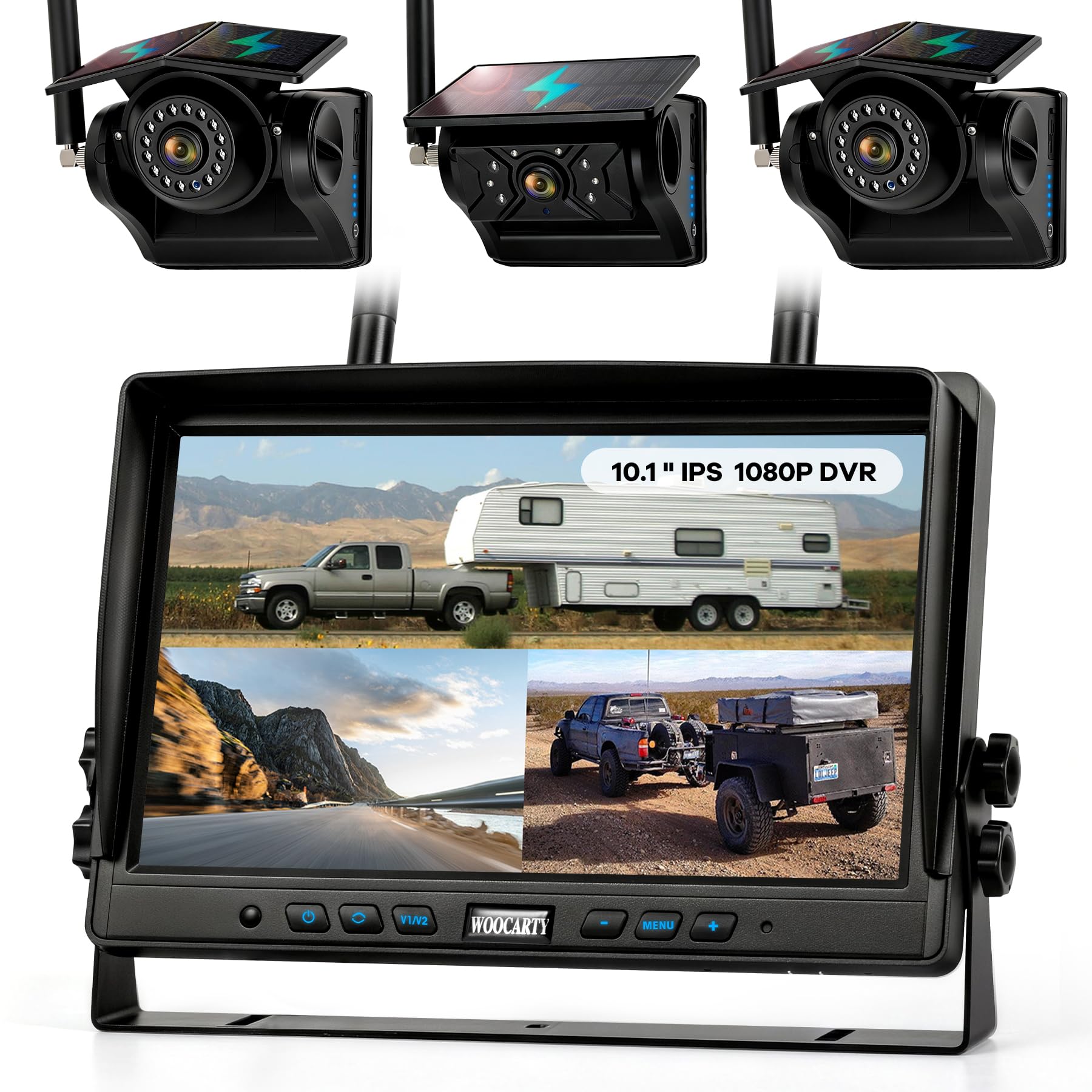 Photo 1 of WOOCARTY 3 Solar Magnetic Wireless Trailer Camera System, 10.1" IPS DVR Screen + Solar Powered Night Vision Rear Camera, 100% No Wiring Waterproof Backup Camera System for RV Truck Trailer Hitch, BT3