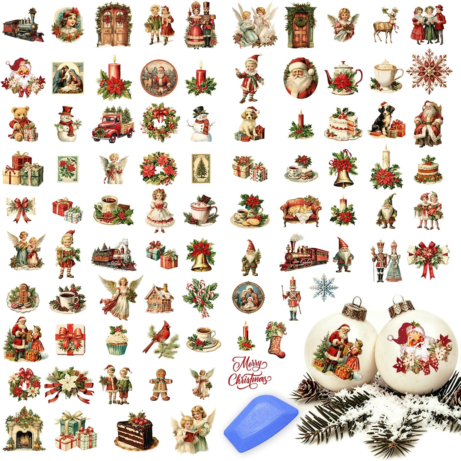 80Pcs Christmas Rub On Transfers for Crafts Vintage Decals for Ornaments