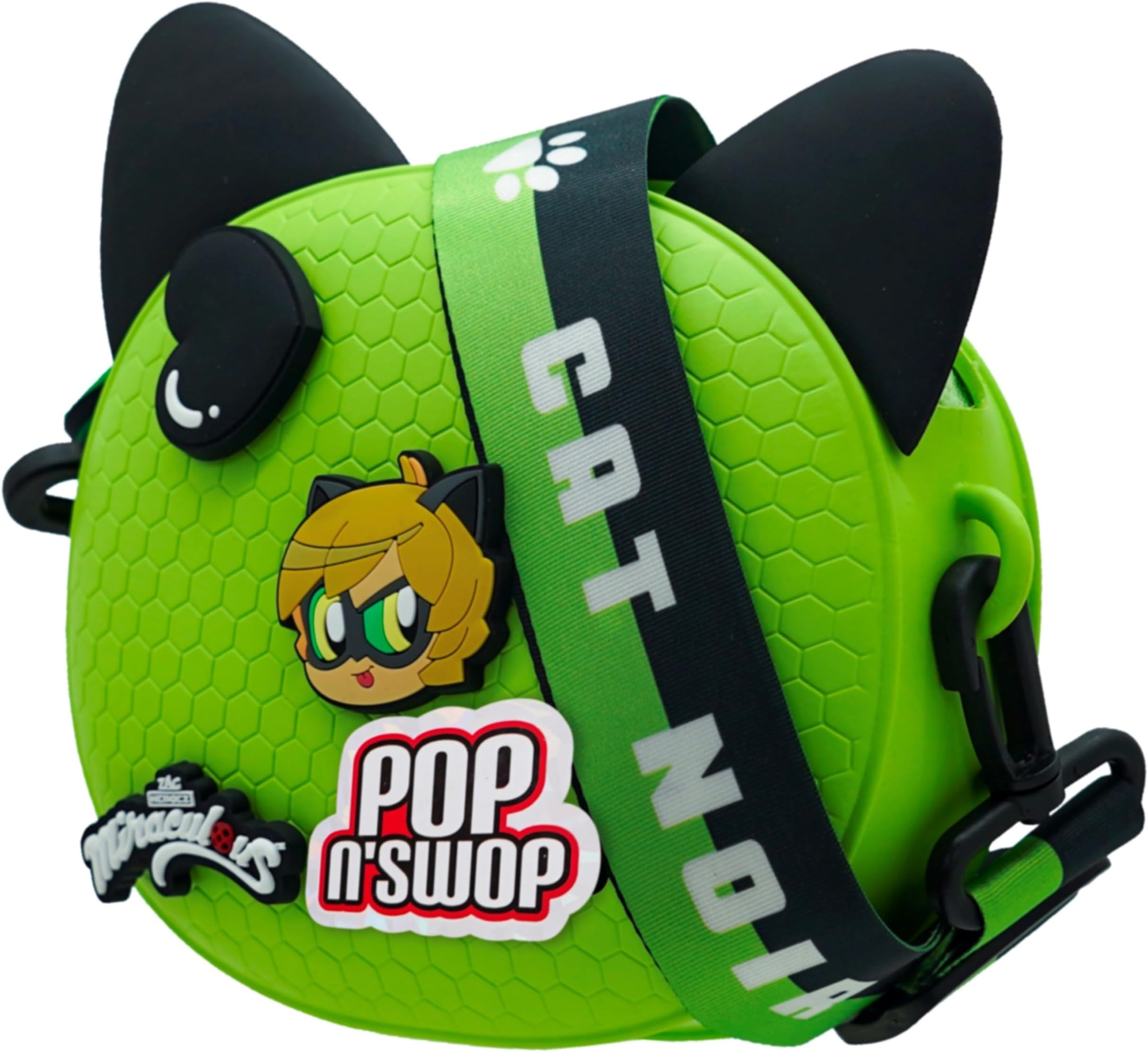 Miraculous Ladybug - Pop n' Swop Cat Noir Green Crossbody Bag with 4 Clip-on Badges, Cat Paw Zipper, Adjustable and Detachable Strap, Removable Ears, Lightweight Durable Waterproof Purse (Wyncor)