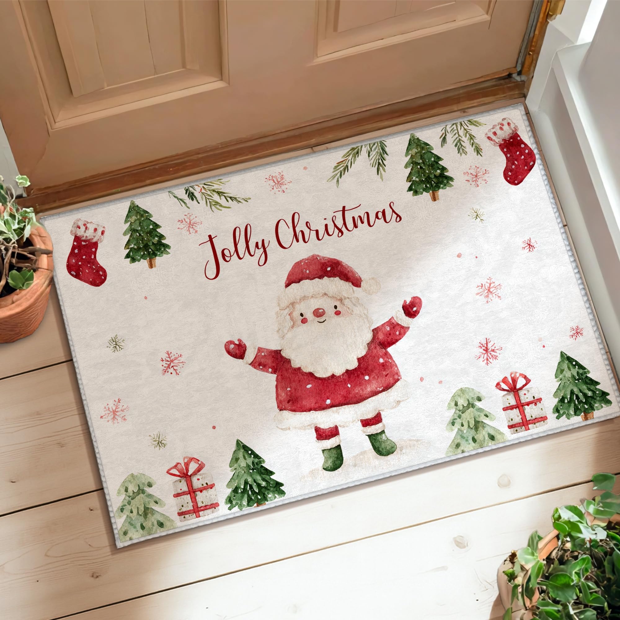 Tapis Père Noël et sapin rouge 60x90cm à poils ras pour cuisine